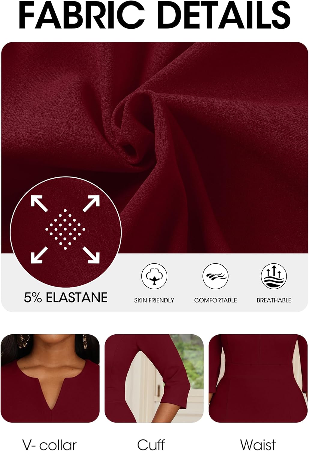 Nmoder Womens Wedding Guest Dress|Cocktail Mermaid Bodycon Church Fishtail Midi Dresses 3/4 Sleeve V-Neck - Image 6