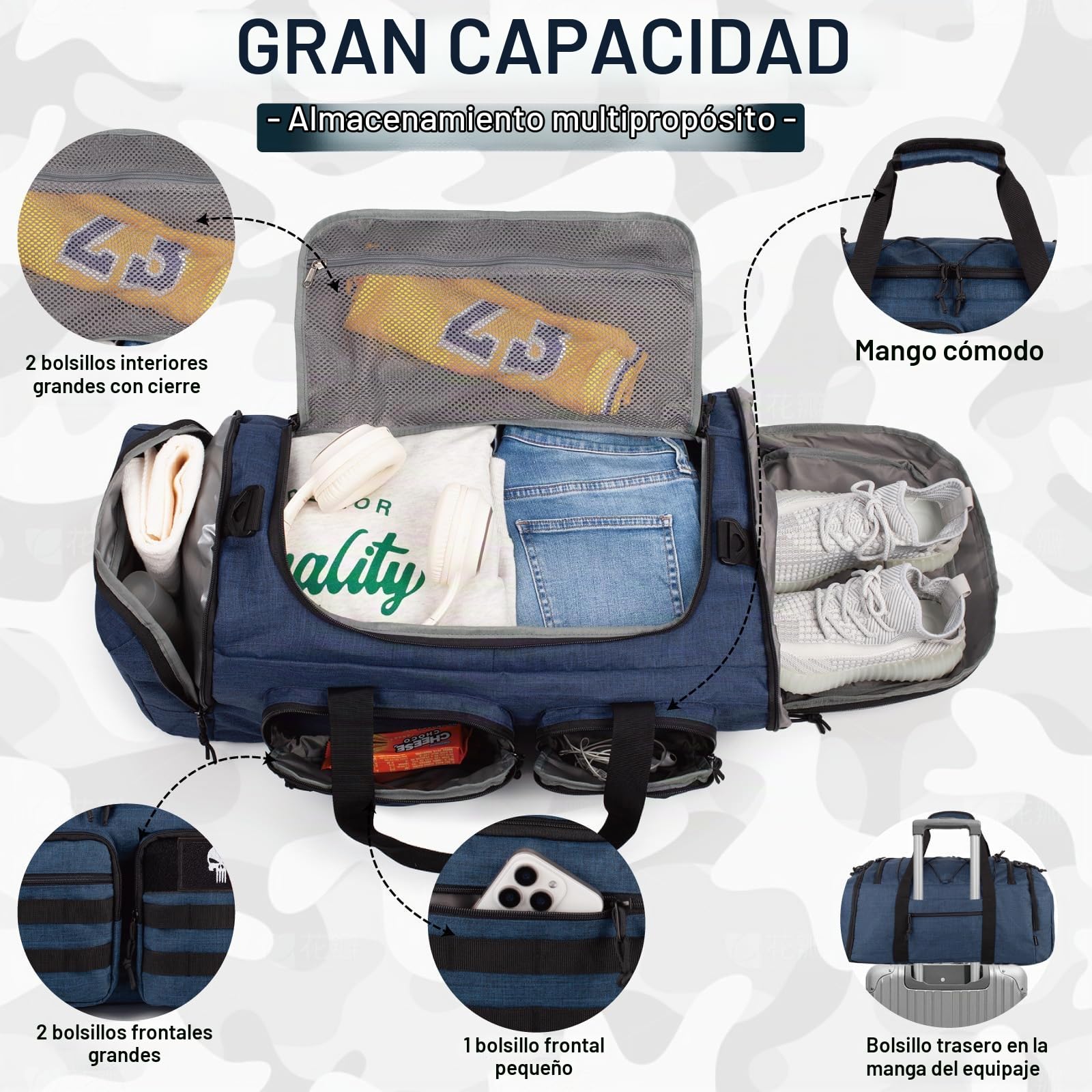 Bolsa Táctica Gimnasio Hombre, 3 en 1 Deportiva 50L para Viajes | Bolsa Deportiva Táctica 3en1, compartimento zapatos, tela impermeable, ideal para escapadas fin de semana, viajes y deportes
