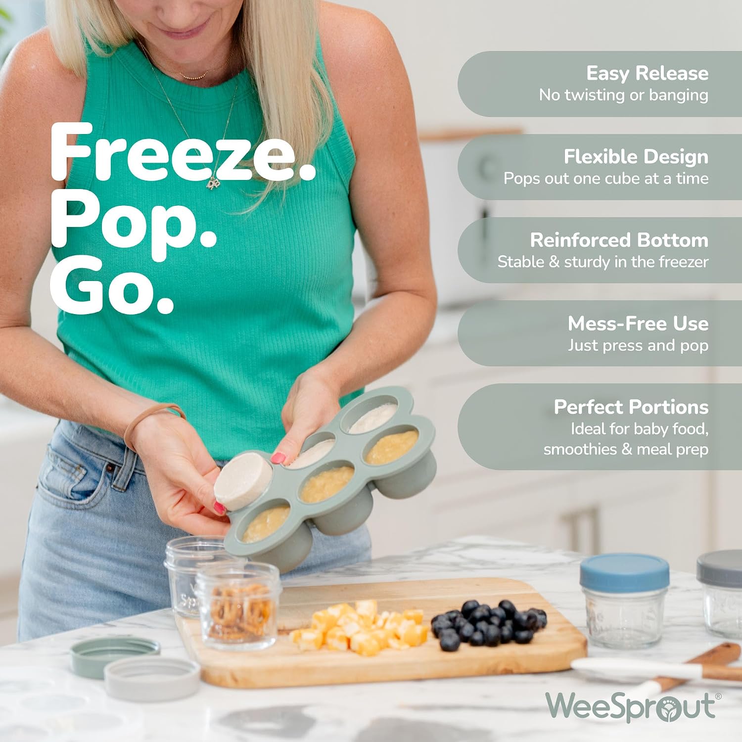 WeeSprout Silicone Freezer Tray with Clip on Lid Perfect Food Storage Container for Homemade Baby Food, Vegetable, Fruit Purees, and Breast Milk (Bright Grey, Six 3 Ounce Sections) image 3