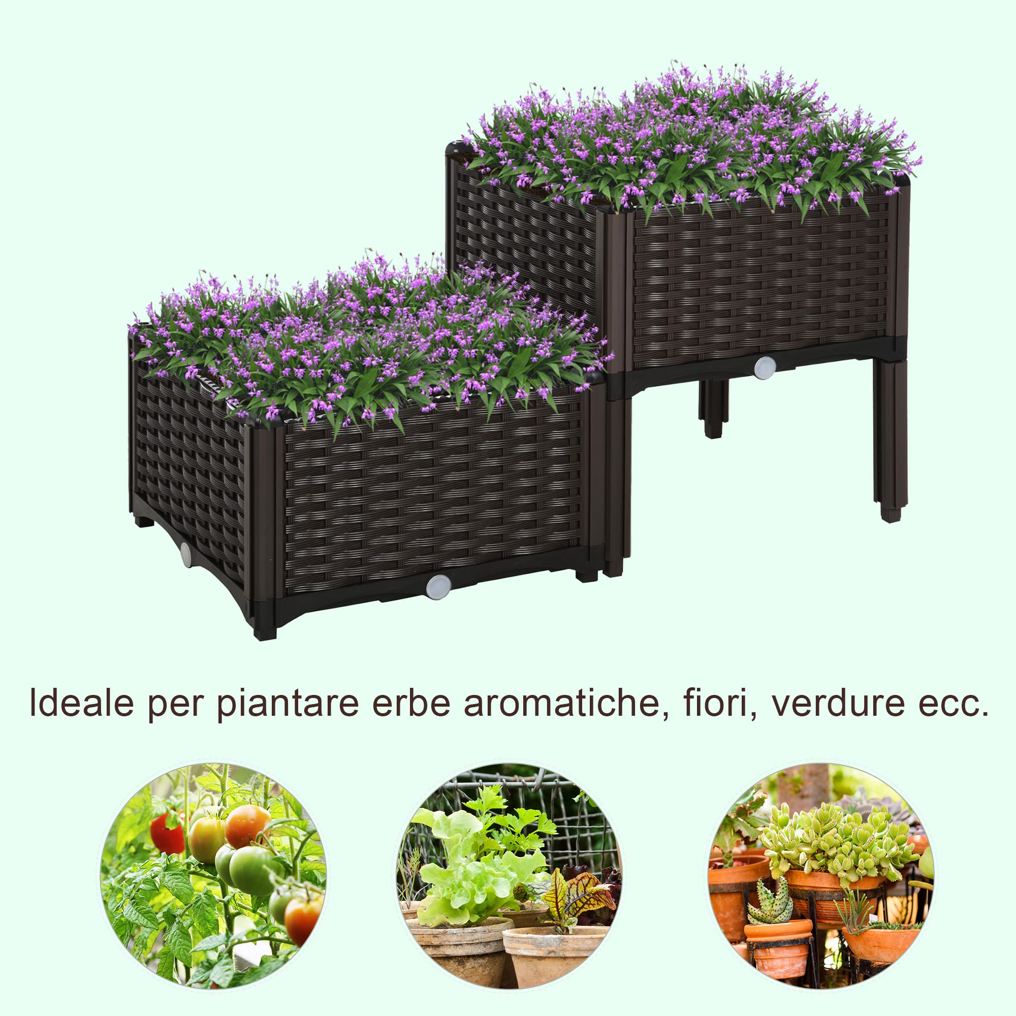 Outsunny Set 2 Pezzi Fioriere da Esterno Autoirriganti Rialzate Letto da Giardino Rialzato per Fiori Effetto Rattan in PP, Marrone