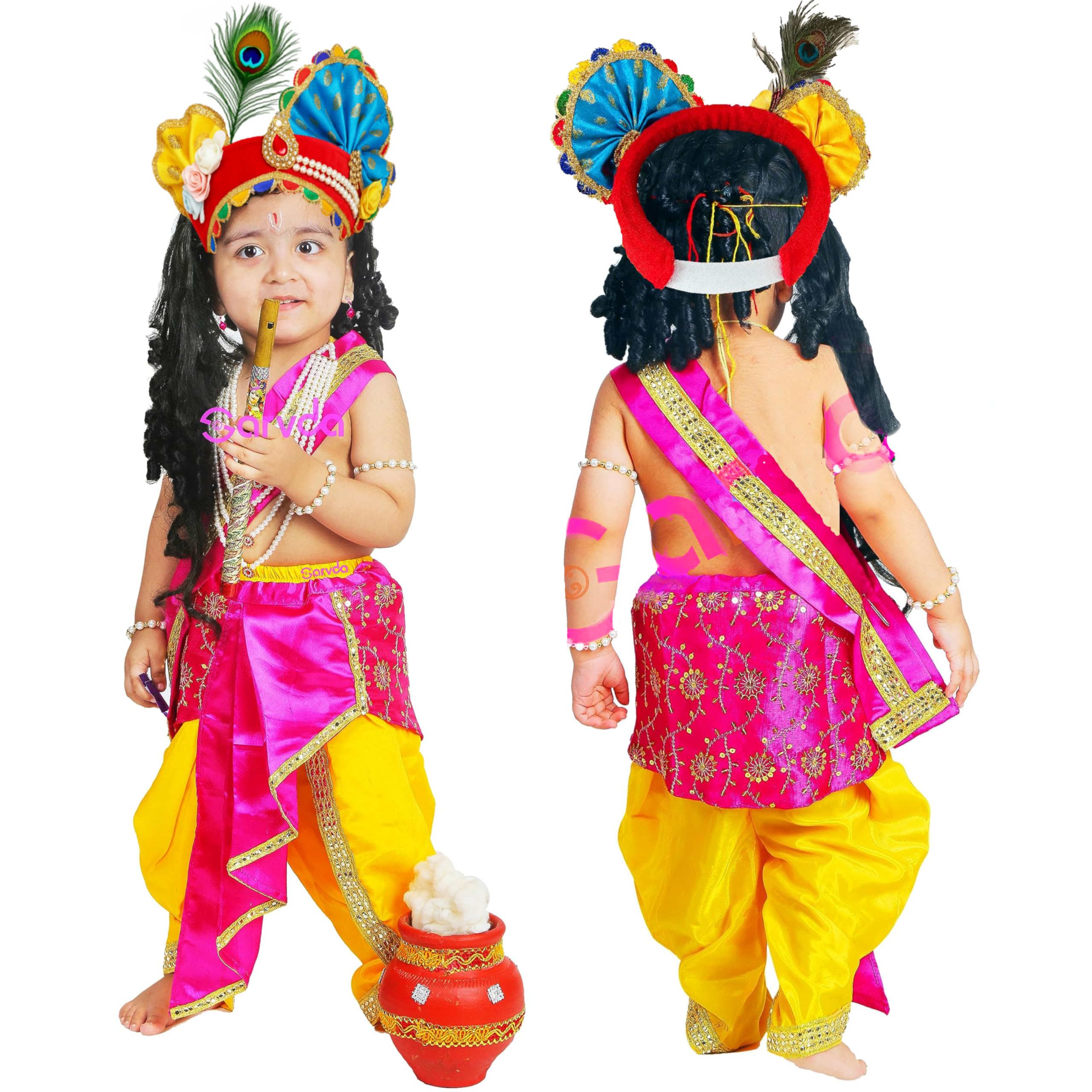 Sarvda Shree Krishna Dress for Baby Boy & Radha Dress for Girls | Janamashtami Dress | Fancy Dress Costume with Accessories Dhoti, Dupatta, Mukut Flute Complete set, Ethnic wear-image-21