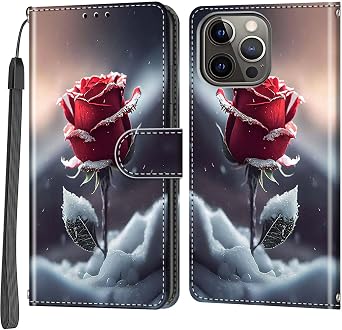 Case Wallet for iPhone 13 Pro, Snow Rose | Kickstand, 3 Card Holder, Shockproof TPU Interior Shell, PU Leather, Magnetic Flip Cover, Lanyard Strap