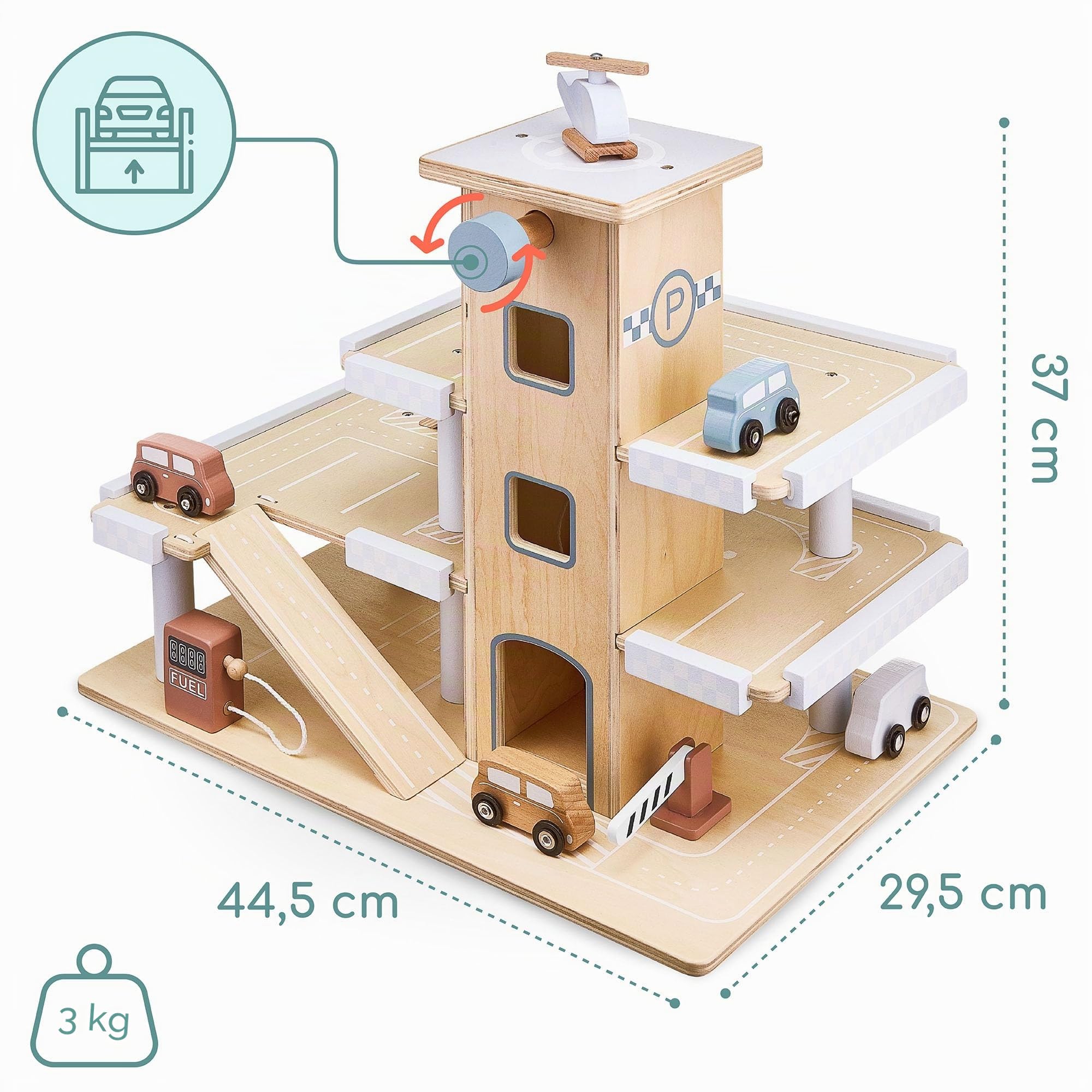 Mamabrum Garaje Coches Juguete de Madera con 3 Niveles - Estacionamiento Infantil con Ascensor Móvil, Pista de Aterrizaje y Accesorios - Set Completo 4 Autos y Helicóptero - 45x30x37cm