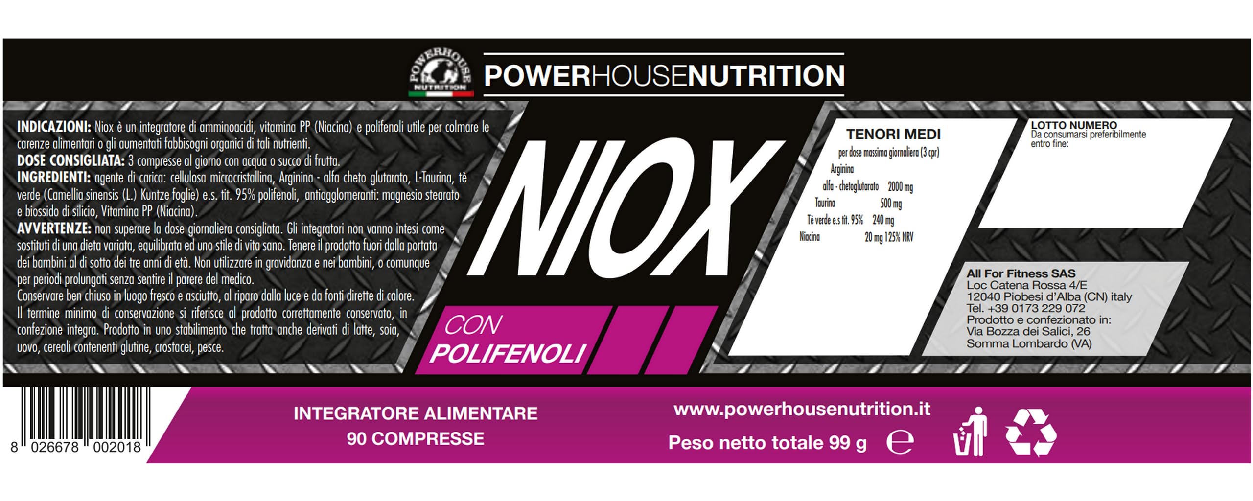 L-arginina - Ossido Nitrico, NIOX con Polifenoli Powerhouse Nutrition, Intregratore Acetil Cisteina, Tè verde e Taurina, Favorisce Vascolarizzazione, Definizone, Energia, Made in Italy, 90 Compresse