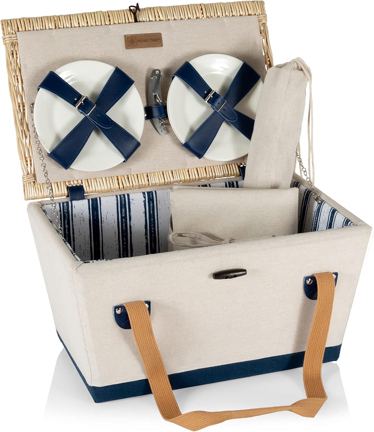 Picnic TIME Boardwalk Picnic Basket, Romantic Vintage English-Style Wooden Basket, Complete Deluxe Service for Four with Durable Canvas and Handwoven Lid