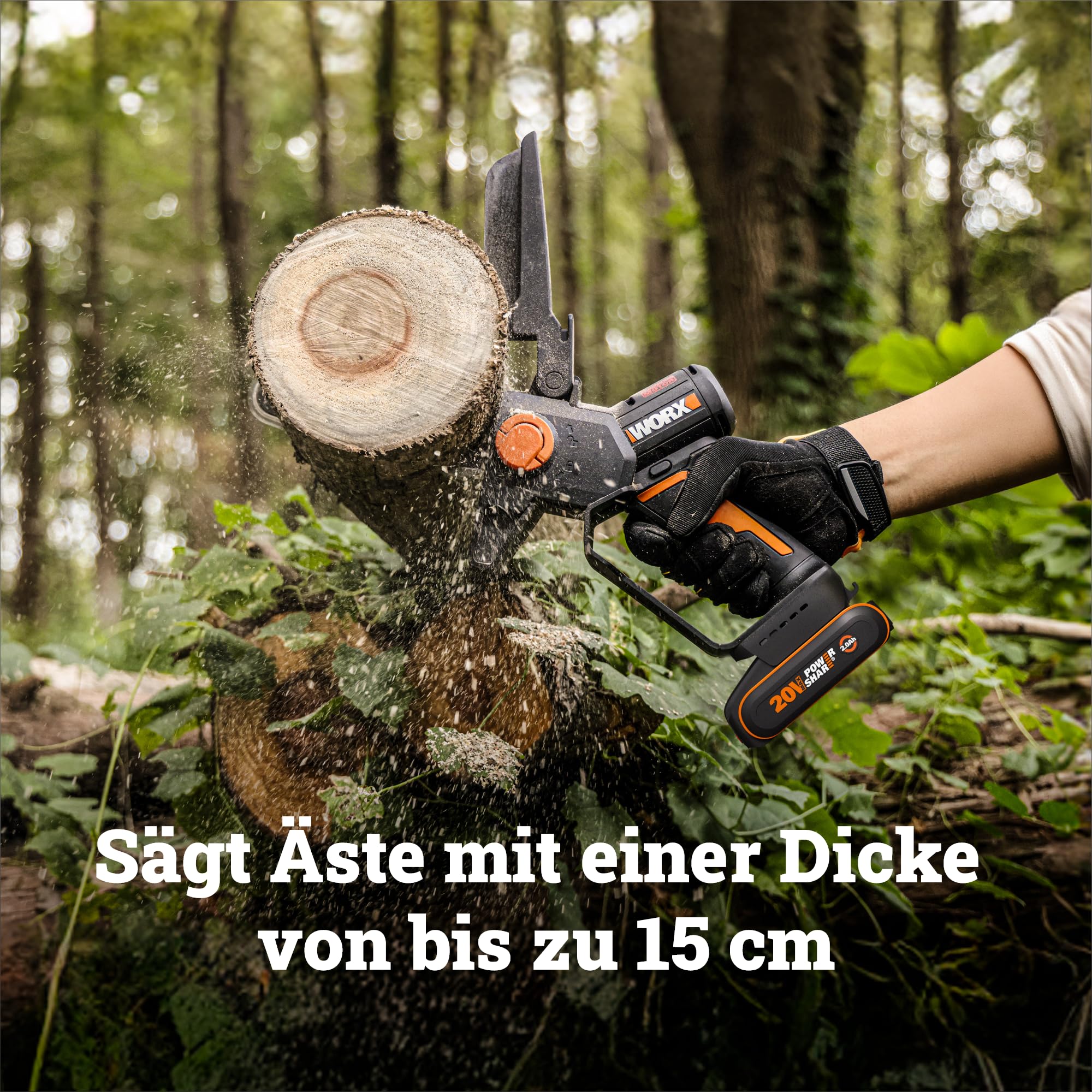 WORX WG327E.9 Akku Mini-Kettensäge 20V, 15 cm Schwertlänge, bürstenloser Motor, werkzeugloser Kettenwechsel und -spannung, ohne Akku und Ladegerät (kompakt, leicht und Strauchpflege)