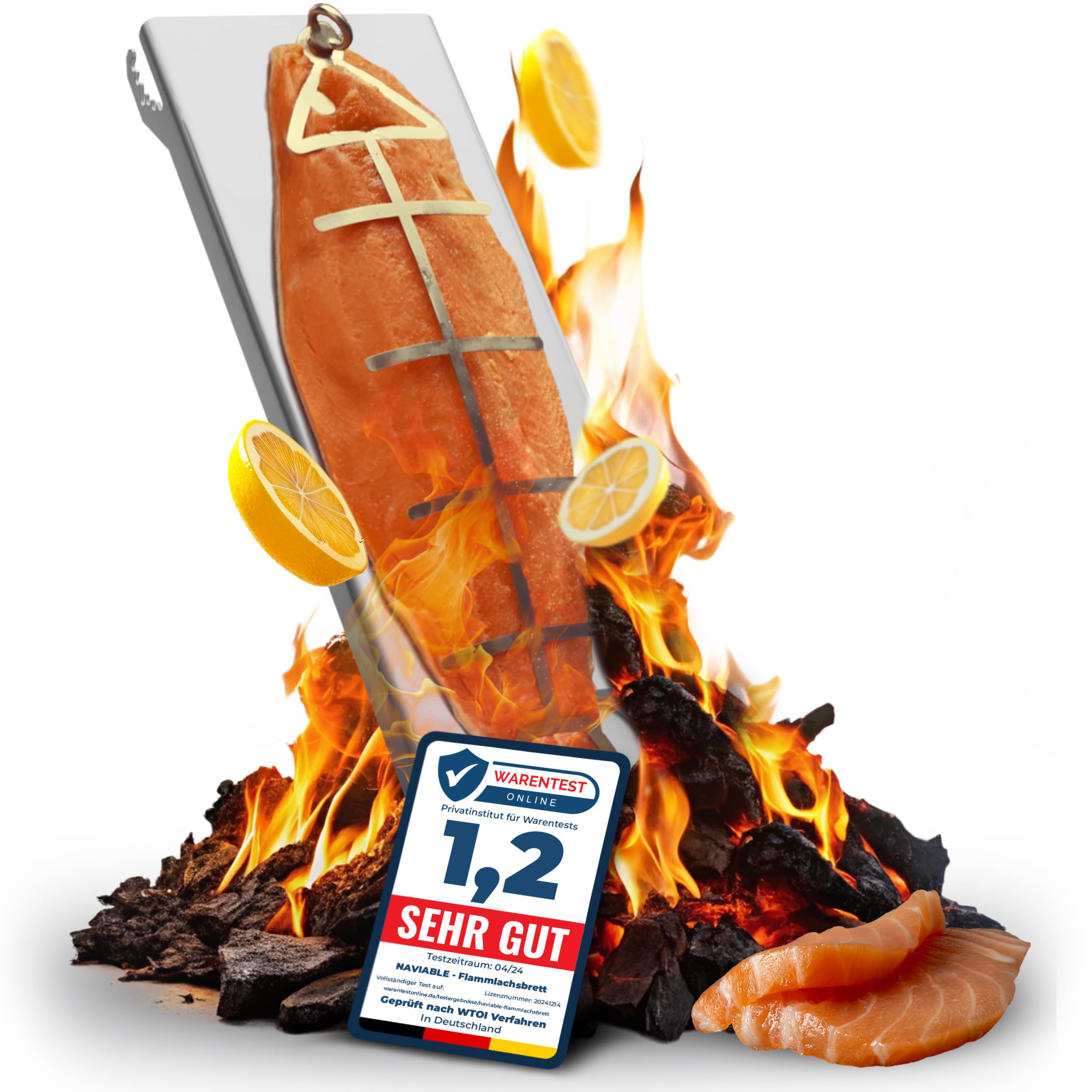 Edelstahl Flammlachshalter für Feuerschalen & Kugelgrills – Testsieger - 5-stufig verstellbares Grillbrett für perfektes Flammlachs und Fisch - Grillen bei Camping & Grillpartys