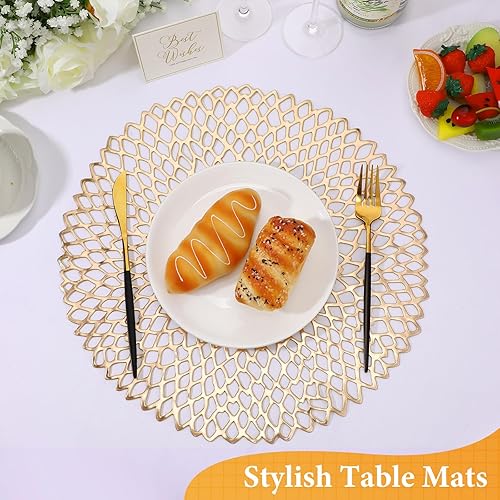 Miniatura 7 de Sieral Paquete de 48 manteles individuales redondos dorados de 15 pulgadas de vinilo prensado a granel, antideslizantes y lavables, manteles