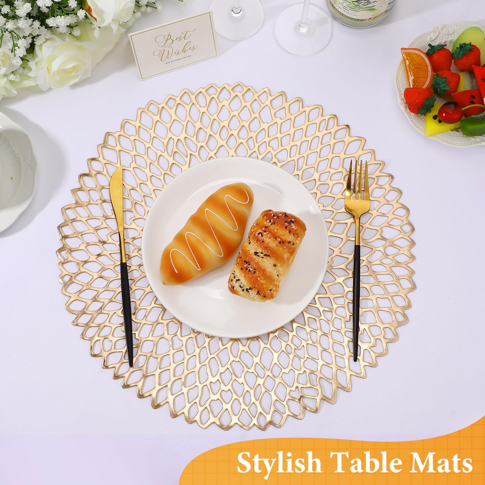 Sieral 48 manteles individuales redondos de vinilo metálico dorado, huecos, con diseño de flores, antideslizantes, lavables, cargadores de PVC, para comedor, boda, vacaciones, fiesta, mesa de comedor