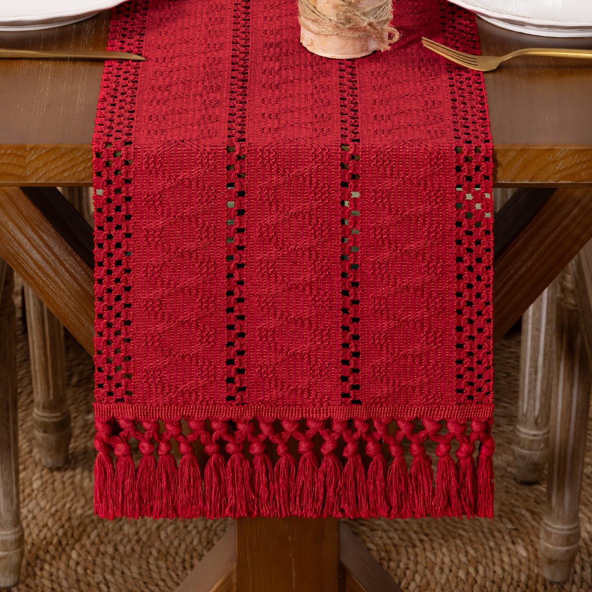 Boho Macrame Table Runner Christmas Farmhouse Woven Table Runner with Tassels 90 Inches Red Cotton Linen Kitchen Table Centerpiece for Dining Dresser Home Tea Table Decor