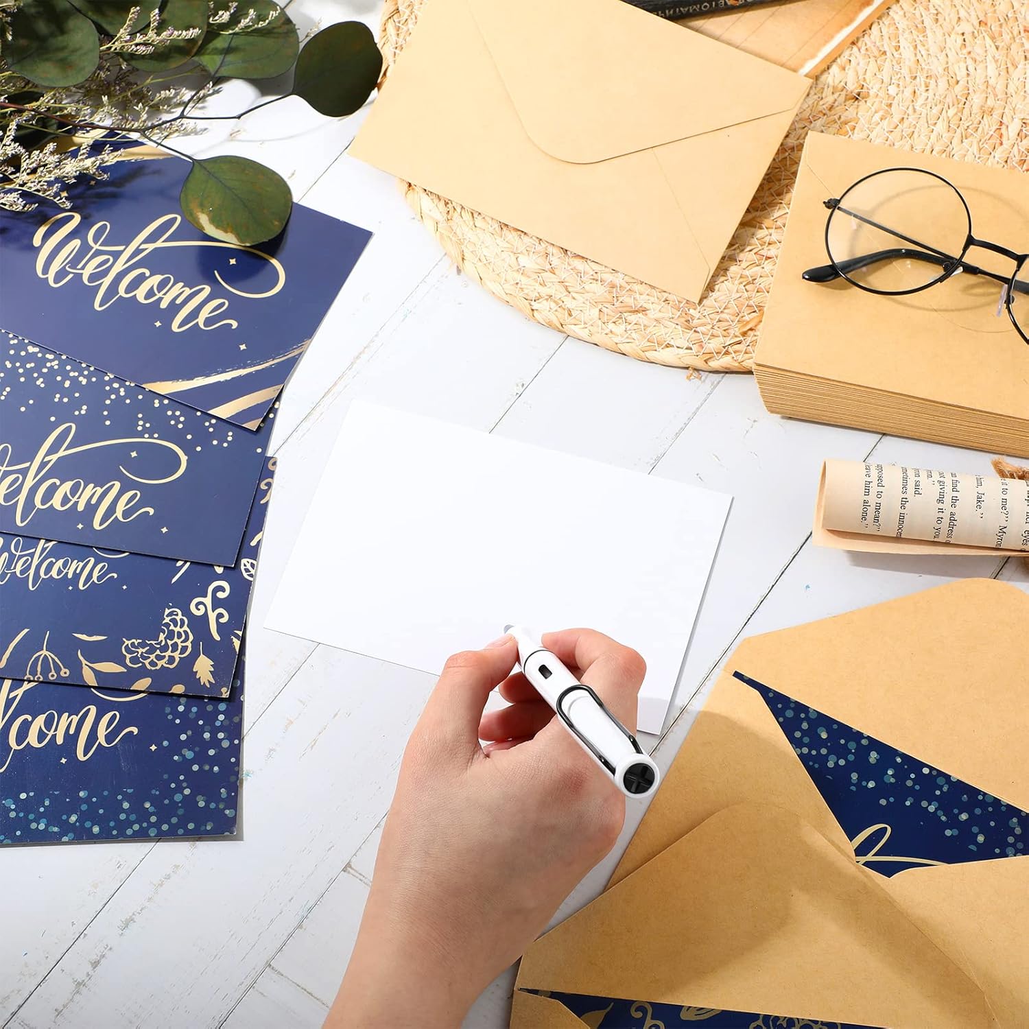 Fumete 48 Pcs Welcome Cards Bulk with Kraft Envelopes and Stickers for Guest Employee Greeting Cards Assorted Paper for Birthday Business Wedding New Home Baby Shower(Blue) - Image 5