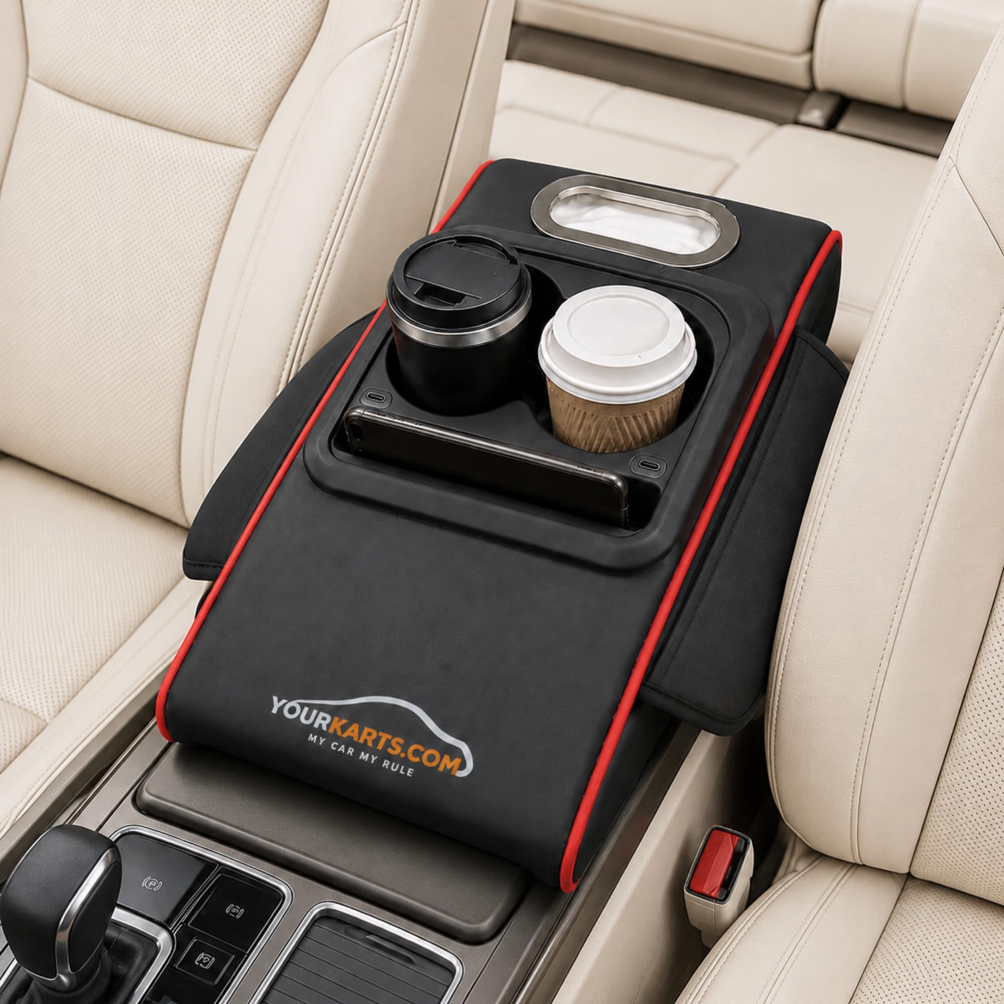 YOURKARTS.COM Universal Top Grade Leather Memory Foam Car Armrest Mat 5cm Thick Cushion – Premium Comfort Support Pad for Cars | Soft PU Leather (Cup holder leather Black)-image-21