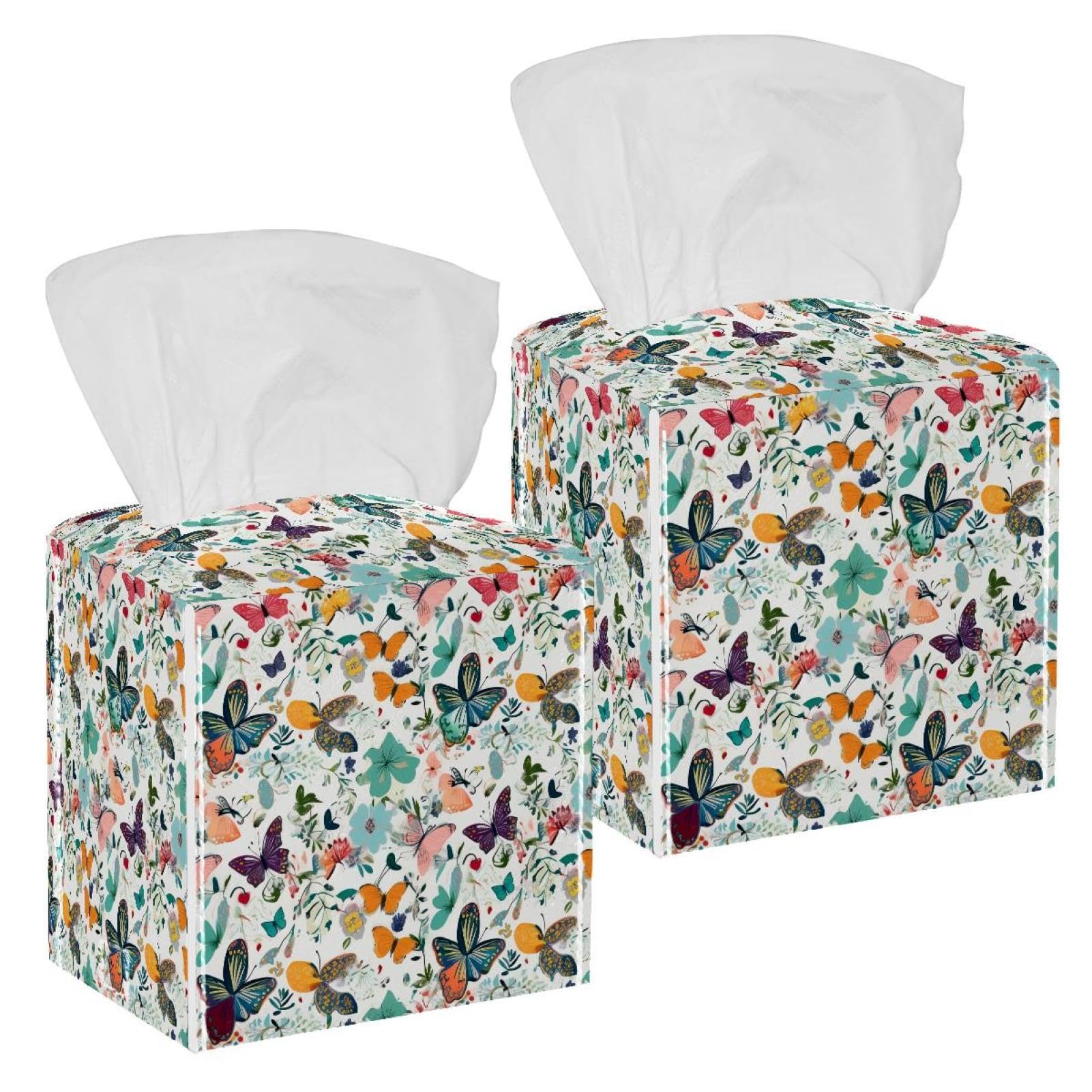 Aesthetic Butterflies Tissue Box Cover, 2 Pack PU Leather Square Facial Tissue Dispenser Box holder for Home Office Car