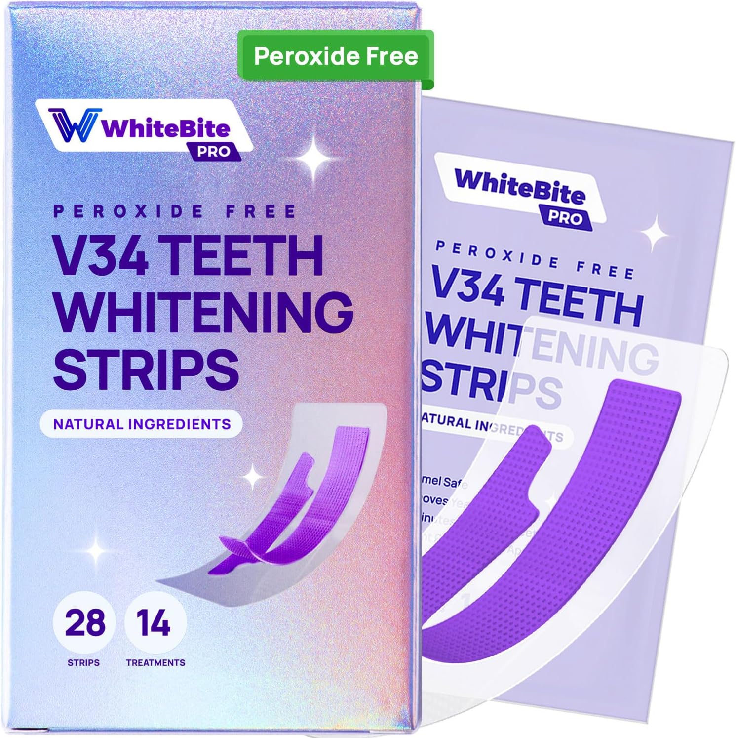 Whitebite Pro Purple Whitening Strips, 28 Strips (14 Treatments), V34 Color Corrector, Pap Formula, Enamel-Safe, Hydroxyapatite Repair, Non-Slip for Sensitive Teeth, Mint Flavor
