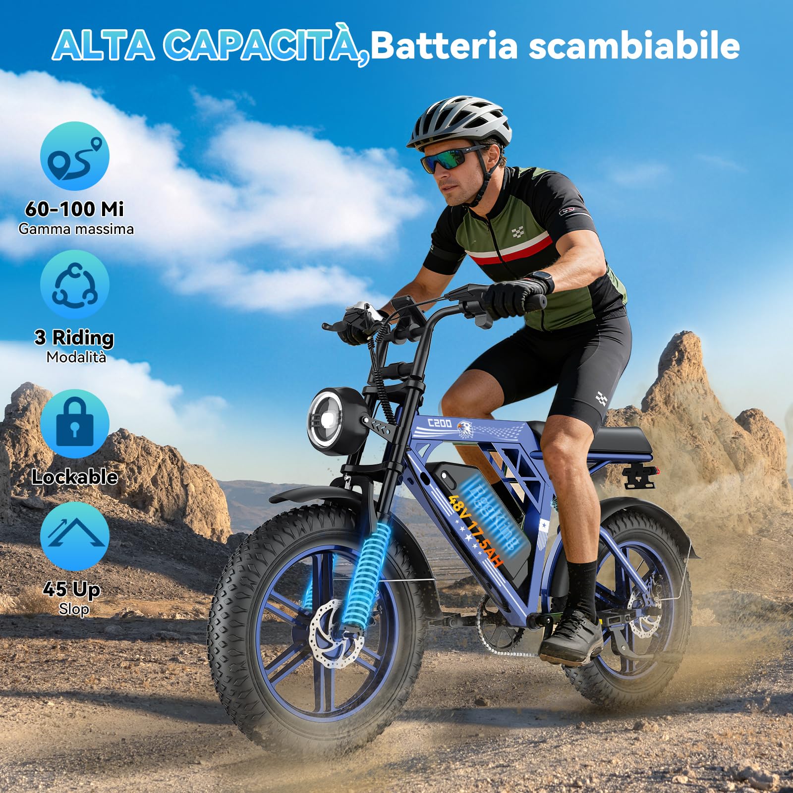 EGGKING Bicicletta Elettrica 20" x 4" Fat Tire, Autonomia 60-80 Km, Doppia Sospensione e 7 Velocità, E-Bike per Adulti, Batteria Rimovibile 48V 17.5 Ah, Display e Controllo APP
