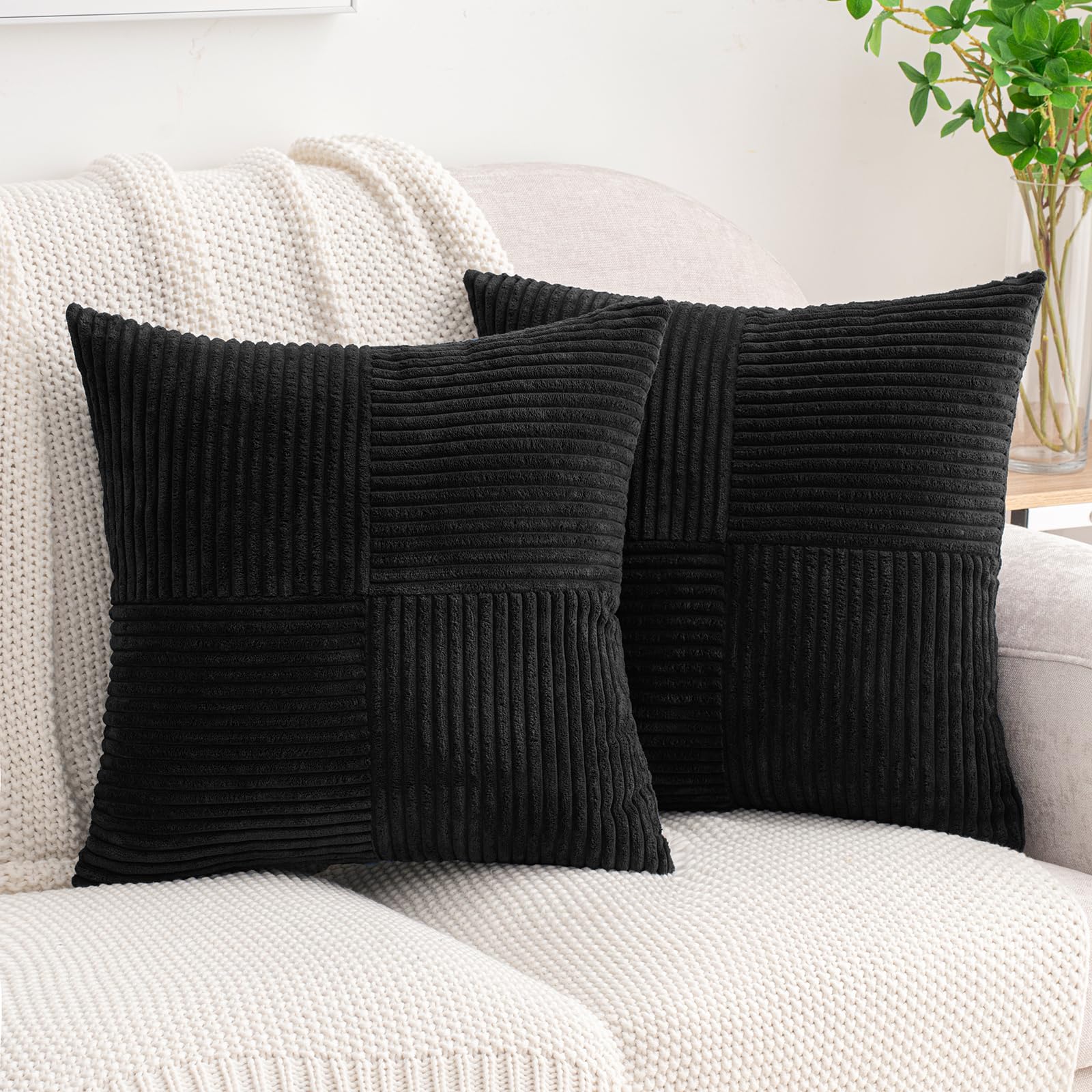HWY 50 Black Corduroy Patchwork Throw Pillow Covers 20x20 Inch Set of 2 Soft Cozy Textured Decorative Cushion