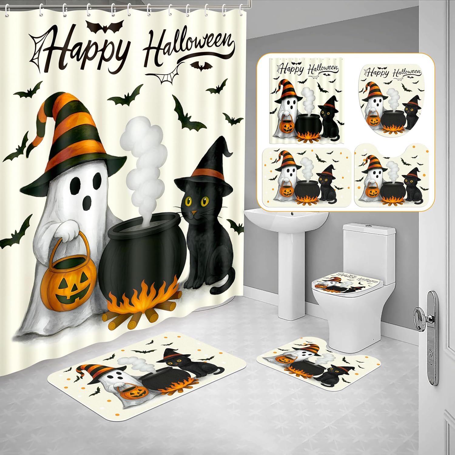 Tieshankao 4Pcs Halloween Bathroom Shower Curtain Decor Sets Ghost Cat Pumpkin Rug Bath Mat Toilet Lid Cover Spooky Decorations with 12 Hooks