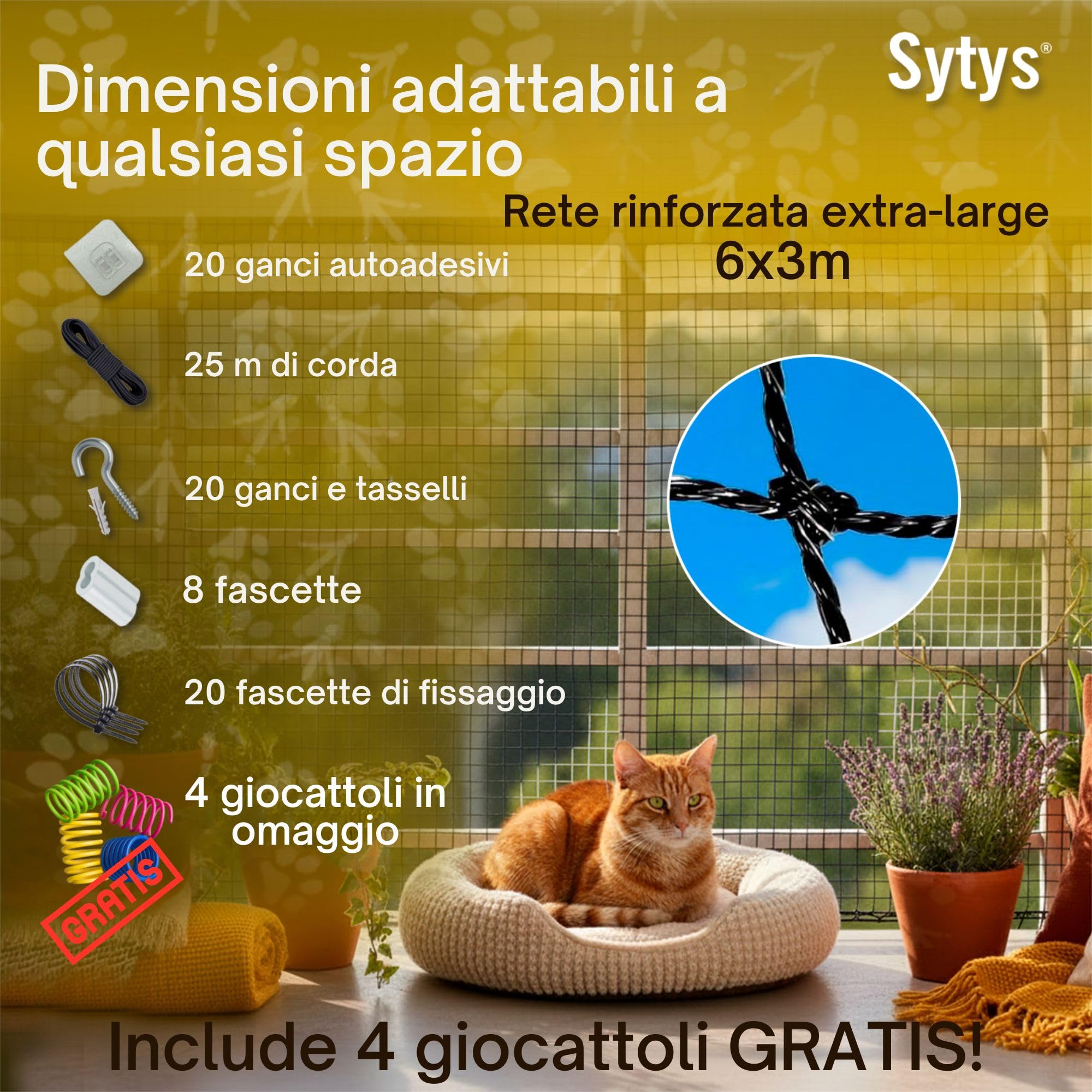 Rete per Gatti Balcone Esterno | Rete di Protezione per Gatti e Uccelli | Rinforzata in Acciaio Inox | Extra Grande 6x3 m | Fissa e Scorrevole | Kit Incluso | Manuale in Italiano