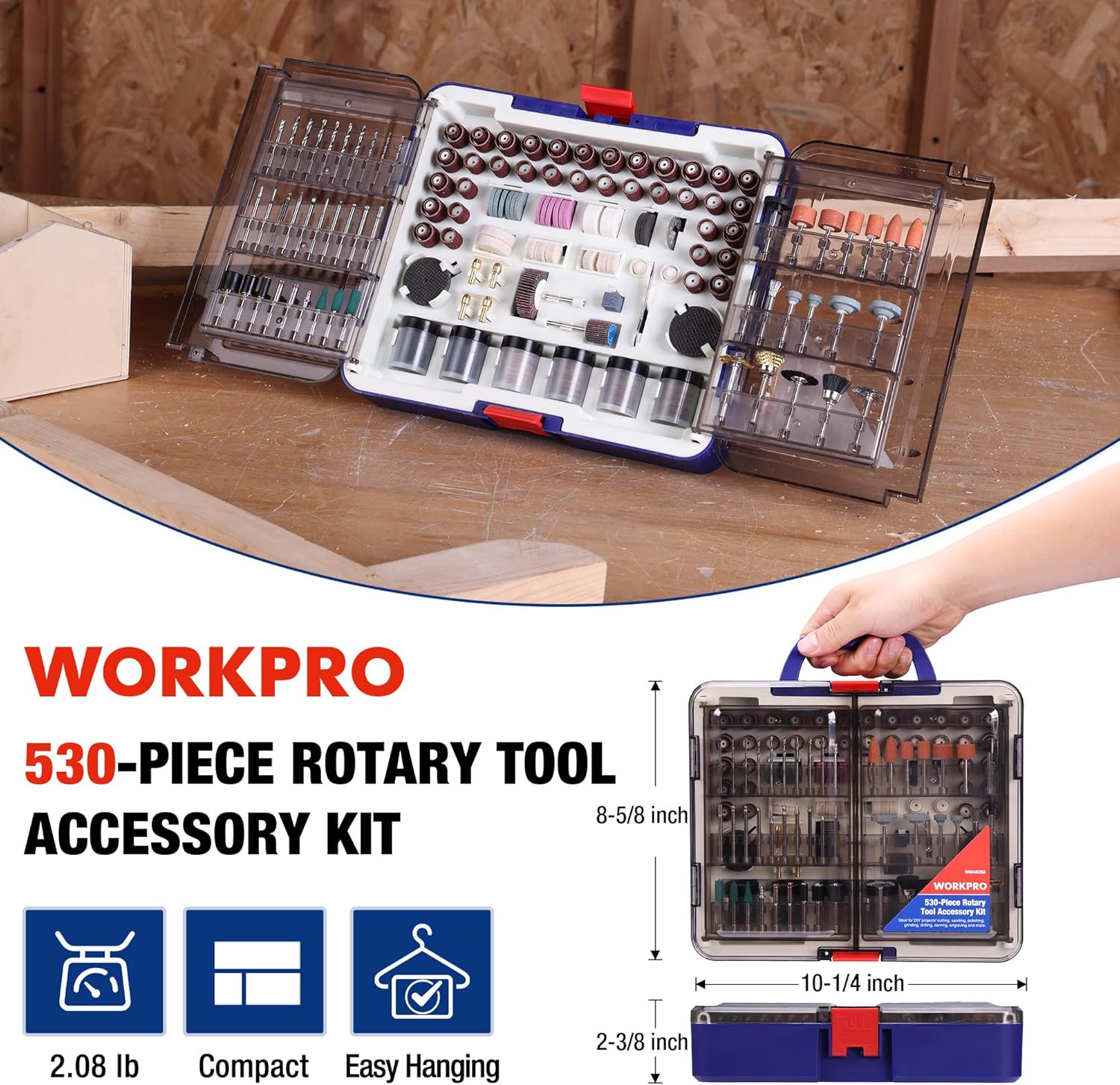 WORKPRO 530-Piece Rotary Tool Accessory Kit in its storage case, showing various accessories and dimensions.