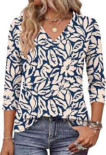 AKEWEI Women's 3/4 Length Sleeve Boho Tops V Neck Casual Vacation Clothes Loose Fit Tunic Shirts S-2XL