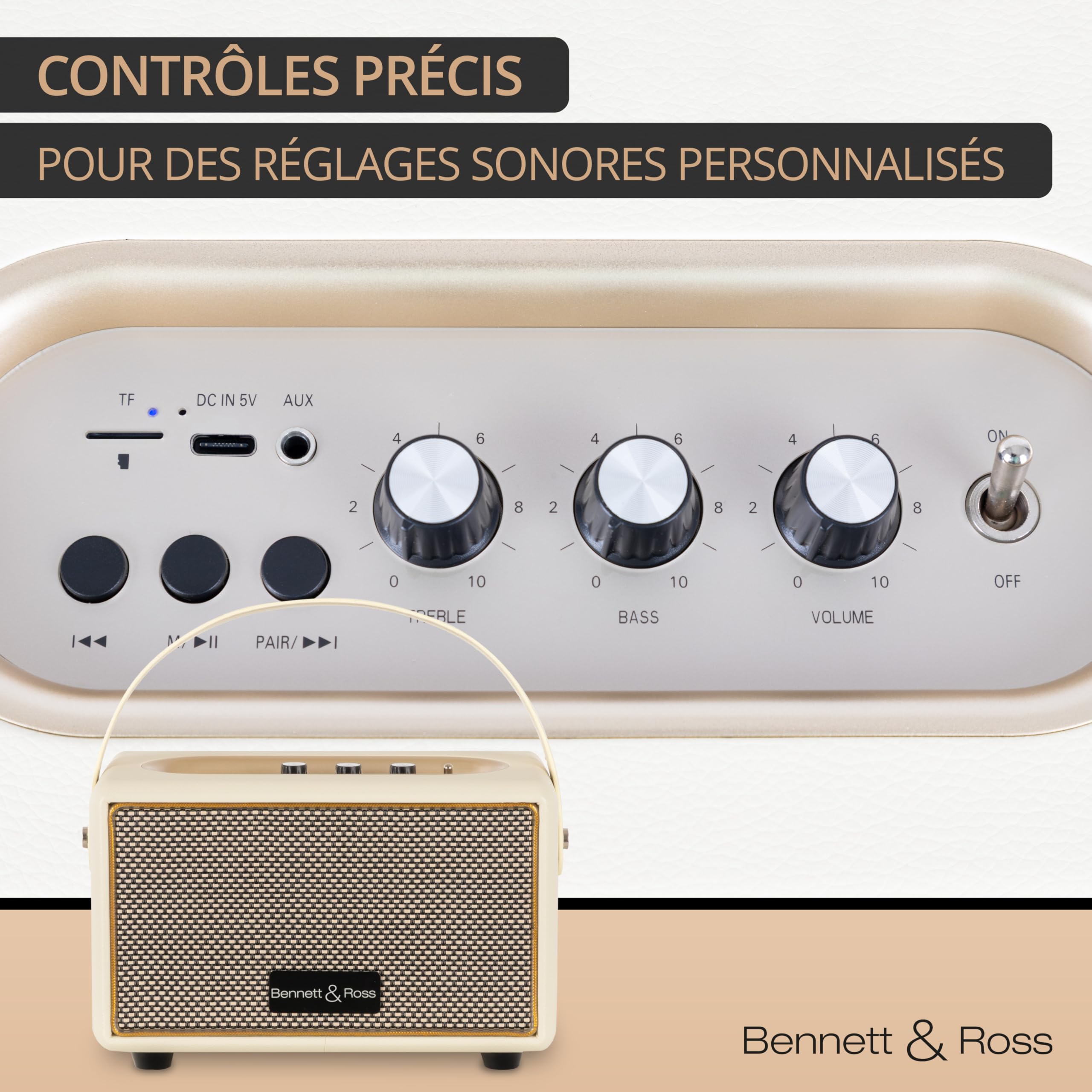 Bennett & Ross BB-820CW Blackmore Junior - Haut-Parleur Bluetooth rétro en Cuir avec accu 5200 mAh - Haut-Parleur Vintage avec 20W - Entrée MicroSD avec Lecteur MP3 - Aux-in - Enceinte Blanc créme