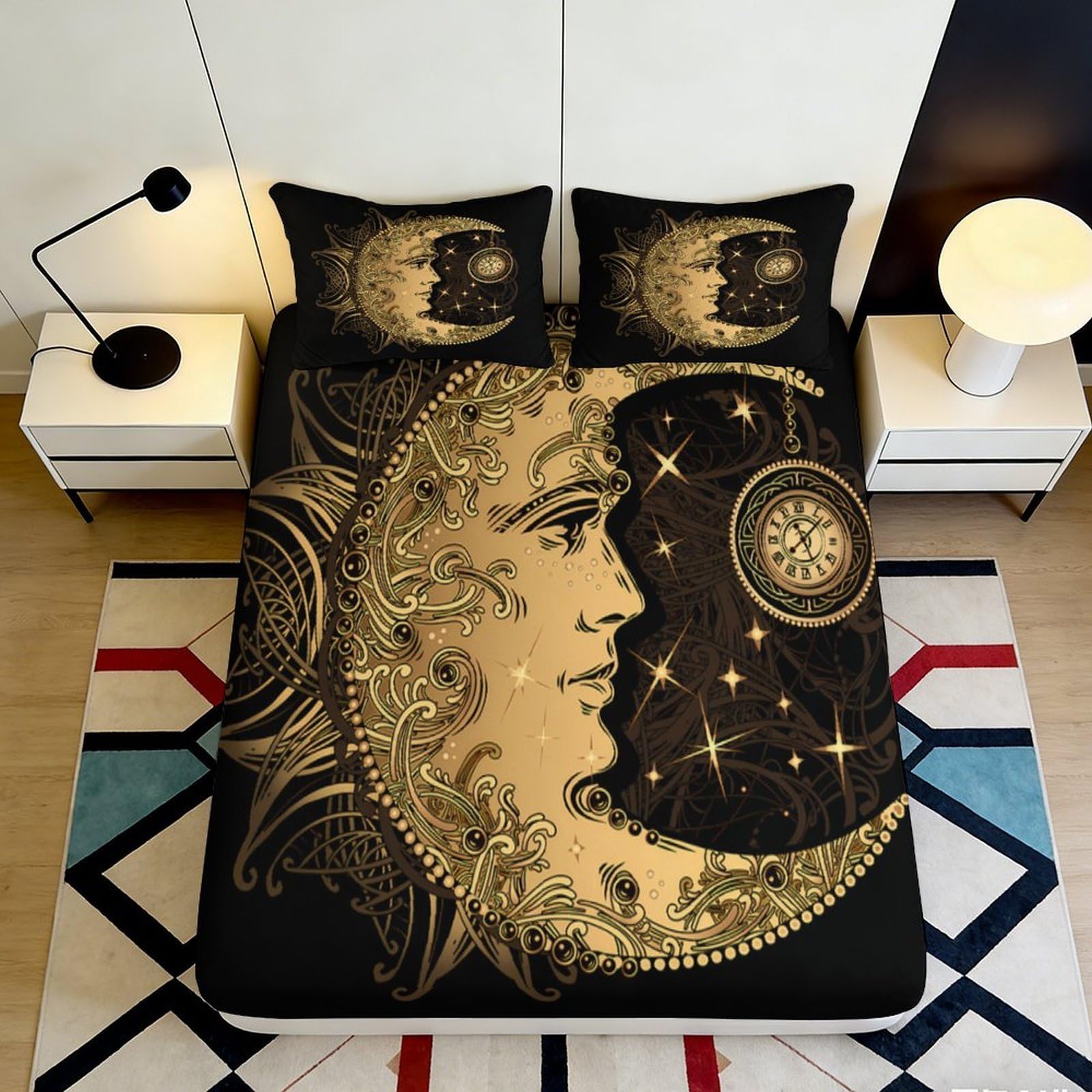 3D Printed Celestial Moon Fitted Sheet Microfiber Soft Durable Cosmic Clock Bed Sheet for Bedroom Dormitory Guest Room Mattress Protection 140x200x25cm