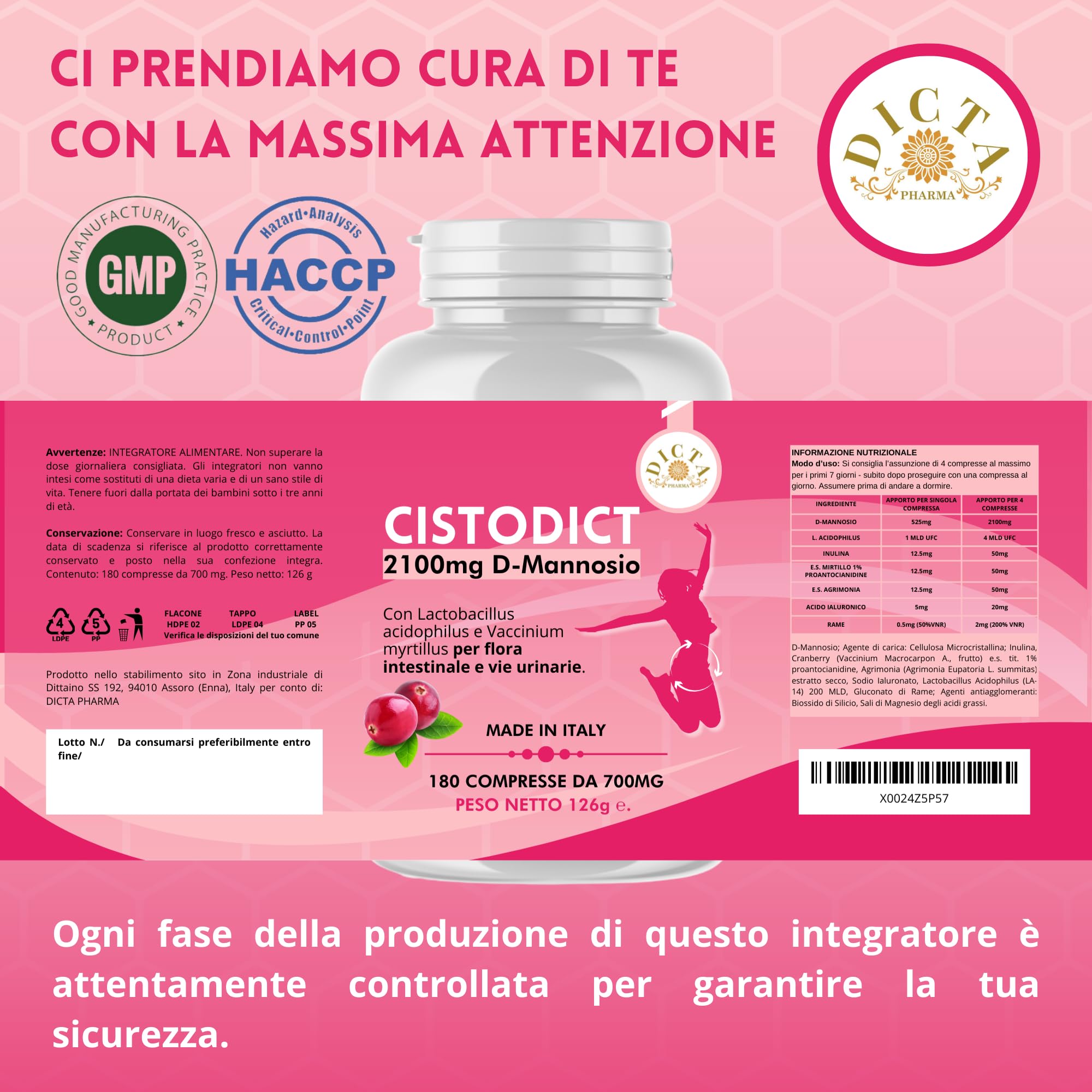 D Mannosio Puro Cistite 2100mg per Vie Urinarie Donna 180cpr - con Mirtillo Rosso, Agrimonia, Lactobacillus e Inulina, Acido Ialuronico e Rame
