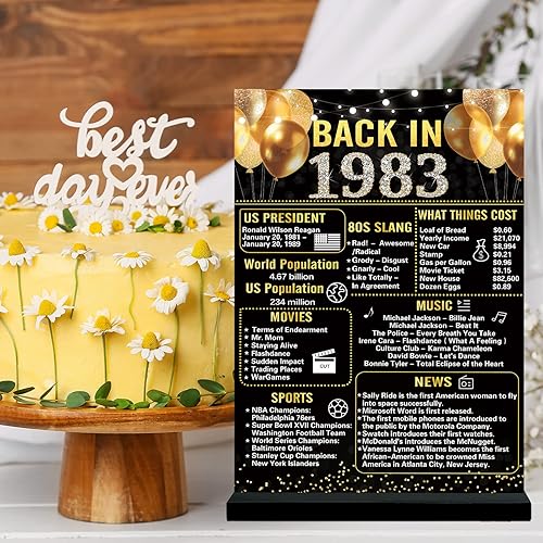 Miniatura 4 de Trgowaul Decoraciones de aniversario de 40 cumpleaños para hombres y mujeres, póster de cumpleaños negro dorado en 1983, letrero de mesa acrílico