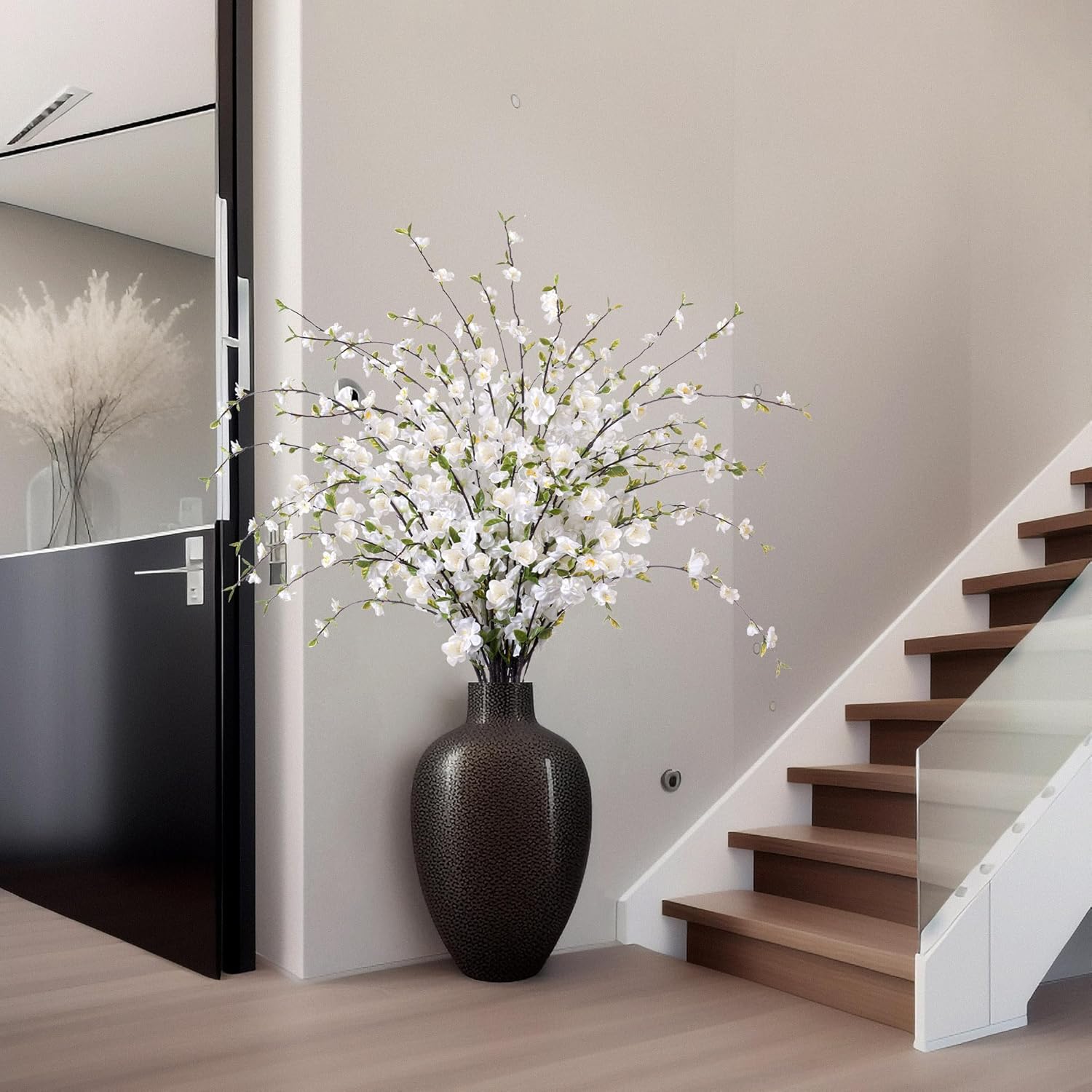 Ammyoo 4 Pcs Artificial Cherry Blossom Flowers for Indoor Spring Decor, Faux Long Stem Peach Branches for Home Wedding Table Vase Summer Centerpieces Arrangement Decoration(White)