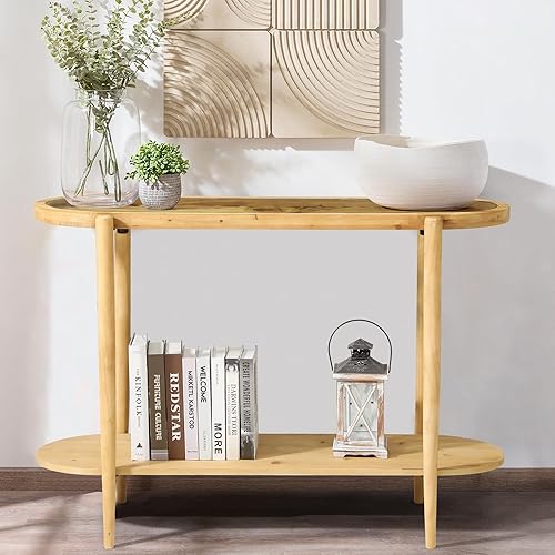 Miniatura 6 de RUSTOWN Mesa consola de ratán, mesa de entrada bohemia de 2 niveles con parte superior de vidrio templado y patas de madera, mesa de sofá moderna de