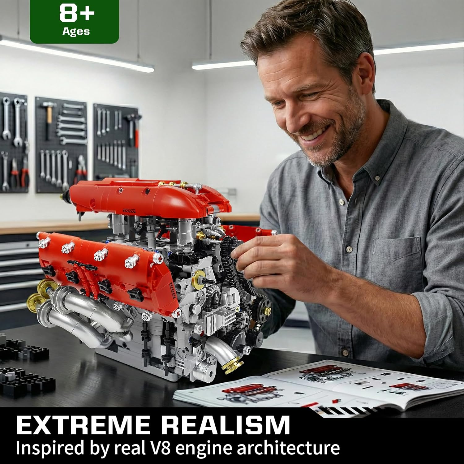 V8 Engine Model Kit, Build Your Own Visible Car Motor, Advanced STEM Mechanical Building Block Set for Adults, Collectible Engine Model for Display, Desk Decor & Gift for Car Lovers - Image 3
