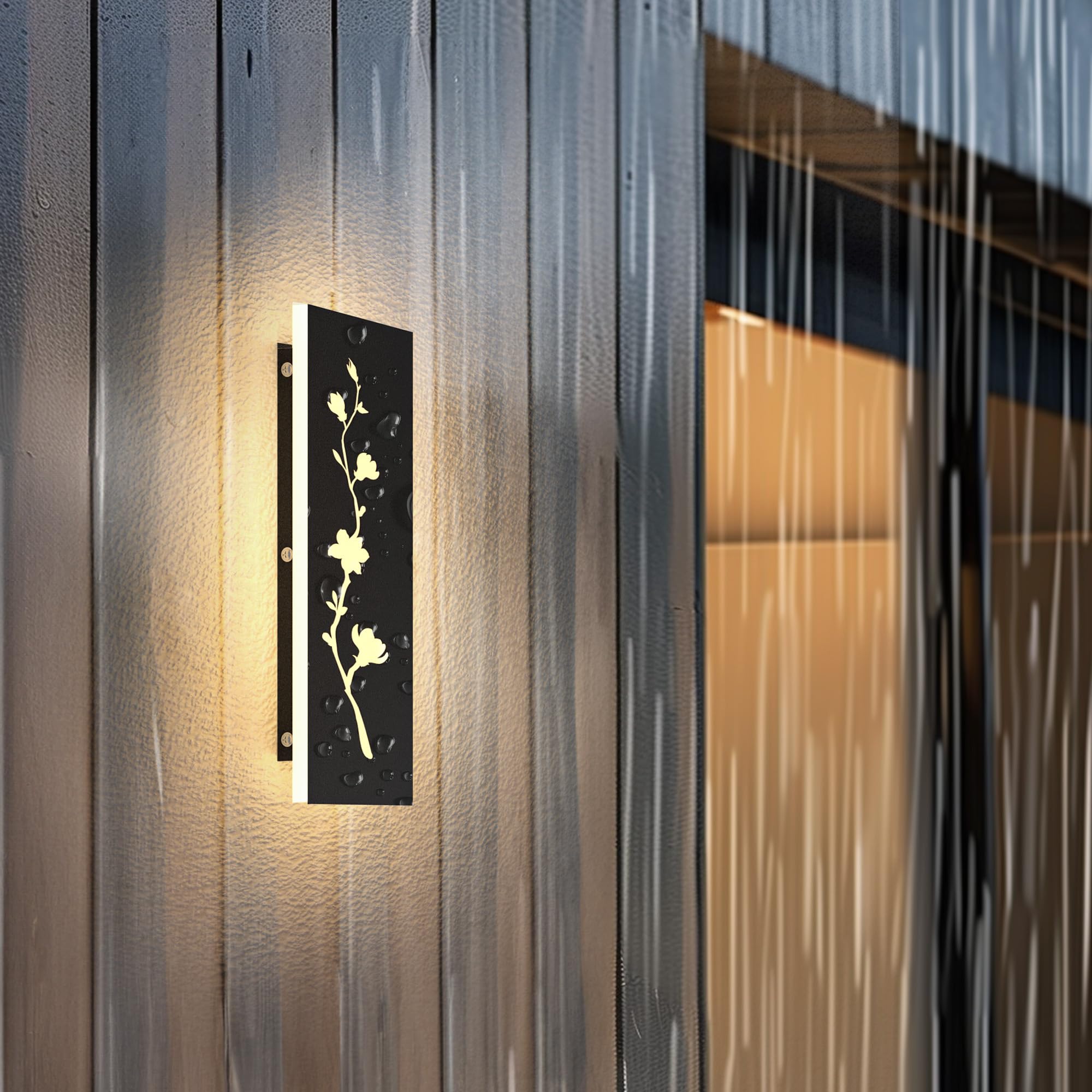 Aplique LED Para Exterior, Flores De Magnolia Aplique Hueco Para Exterior 12W, Impermeable Negro Luces De Pared Exterior 3000K Iluminación Exterior Para Villas Terrazas Patios Porches 30cm