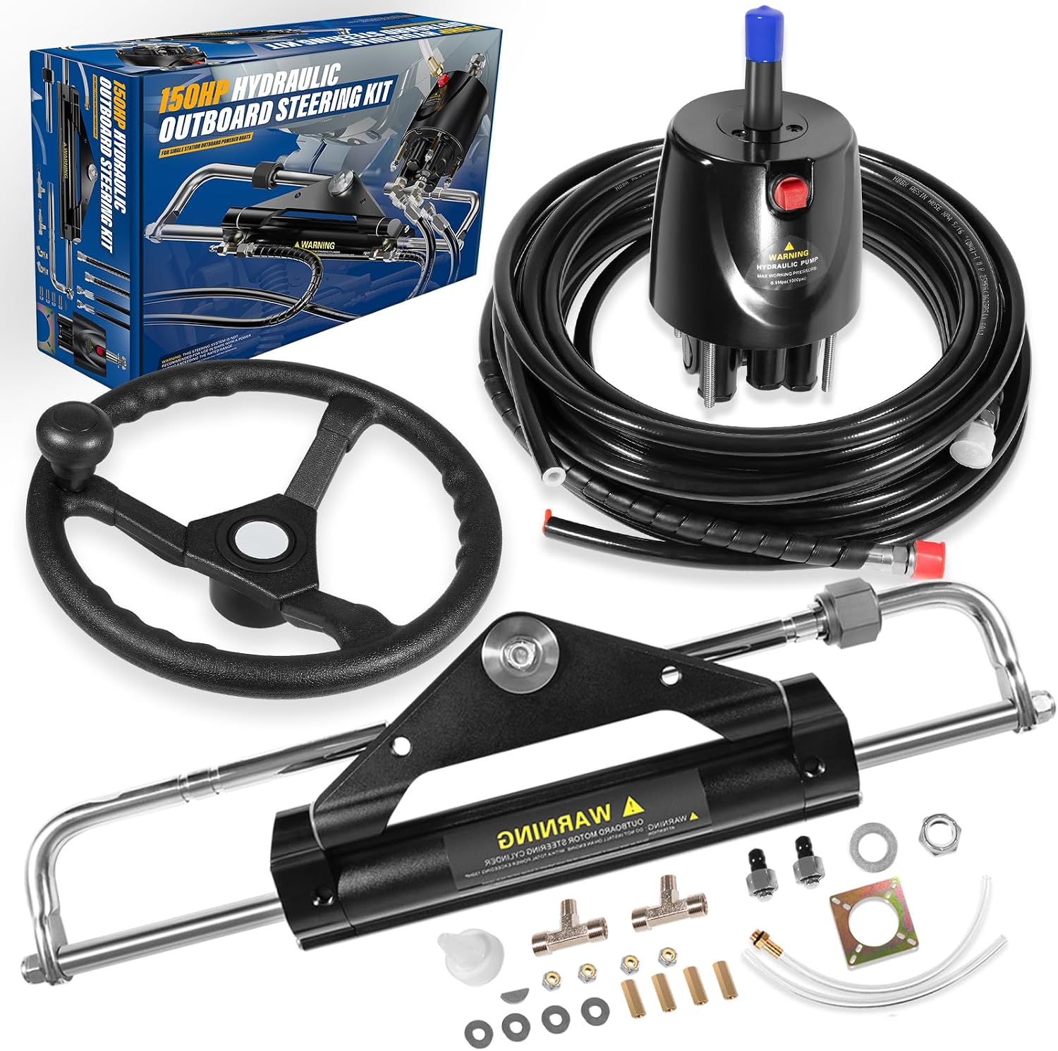 150HP Outboard Hydraulic Steering Kit with 13" Steering Wheel,Helm Pump, Cylinder & 26.8ft Cuttable Hoses for Yamaha/Honda/Suzuki/Mercury Engines – Corrosion-Resistant, Bi-Directional Locking System