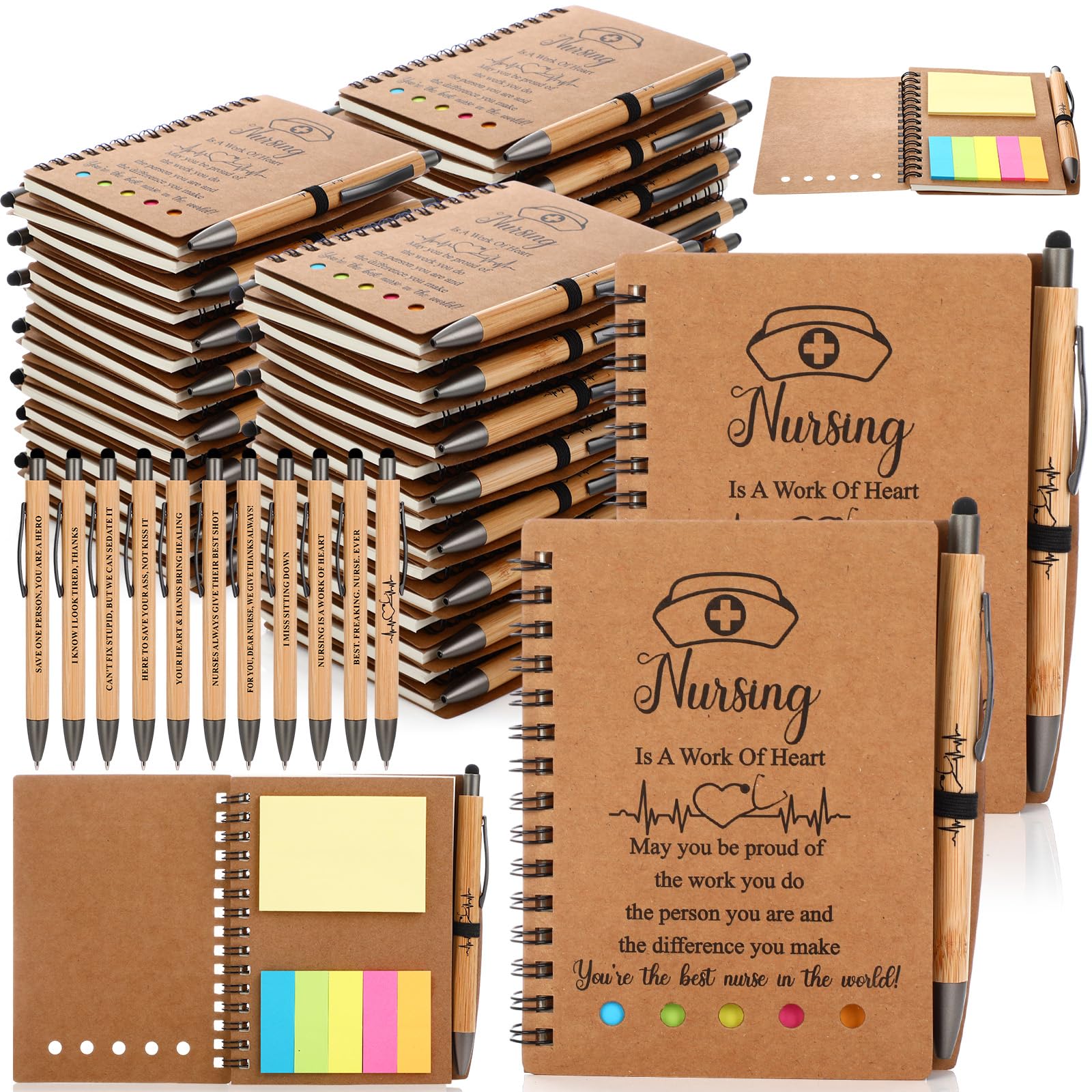 MotiMind 50 Sets Nurse Appreciation Gifts Bulk Nurse Week Gifts Thank You Notebooks and Bamboo Pens Inspirational Spiral Notebook with Sticky Note for