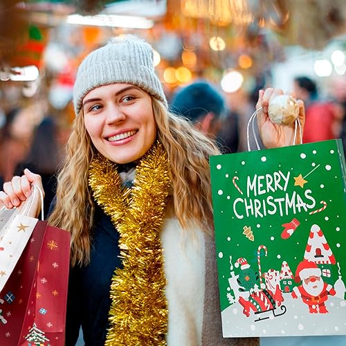 Miniatura 7 de ILEBYGO 24 bolsas de regalo de papel de Navidad con diseños surtidos, 3 tamaños, bolsas de regalo de papel kraft de Navidad con asas para Navidad,