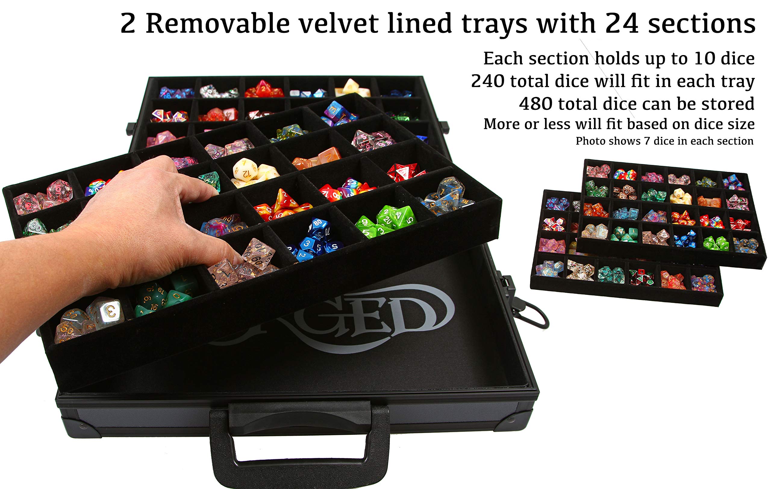 Forged Dice Co. Dice Display Case and Rolling Tray with 2 Removable Divided Dice Trays - Storage Box Holds up to 480 Metal or Plastic Polyhedral Dice Sets - Great for Dice Collectors or RPG D&D Games