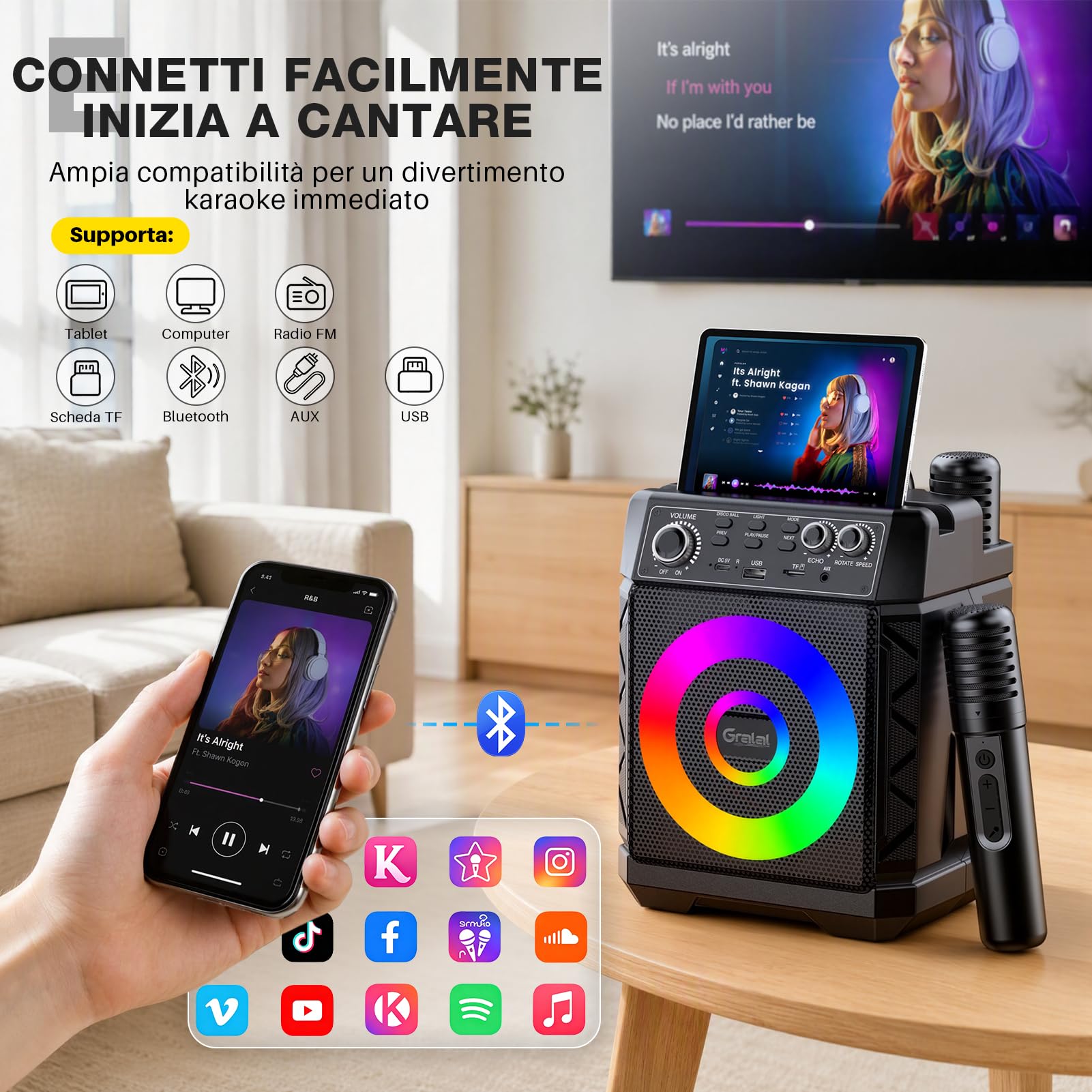 Karaoke con Microfono,Bluetooth con 2 Microfoni per Adulti e Bambini, Sfera da Discoteca Regolabile,Ricarica Magnetica dei Microfoni,Supporta TV/Smartphone/AUX/USB Per Party, Casa, Compleanni, Viaggio