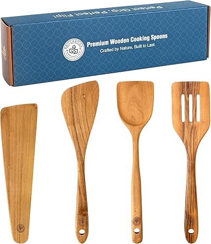Brillantica Juego de 4 utensilios de cocina de madera, cucharas y espátulas de madera natural, no tóxico, ecológico, duradero, espátula y espátula