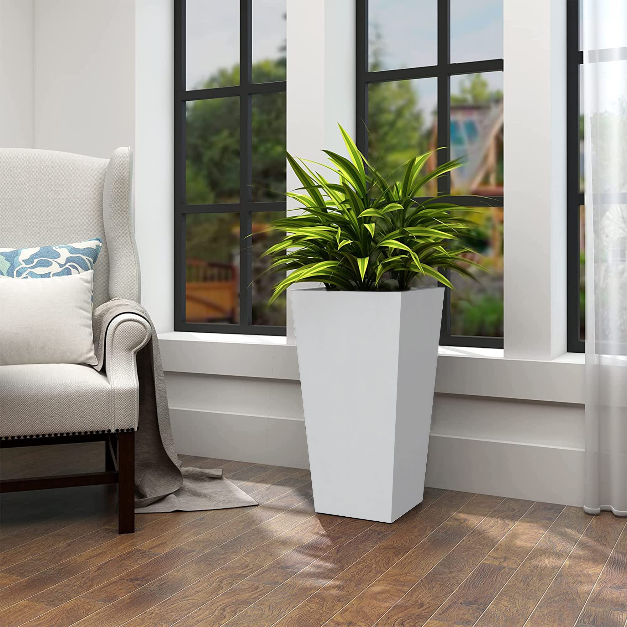 Kante 24", 18" and 15.7" H Pure White Finish Concrete Tall Planters (Set of 3), Large Outdoor Indoor Decorative Pot with Drainage Hole and Rubber Plug, Modern Tapered Style for Home and Garden