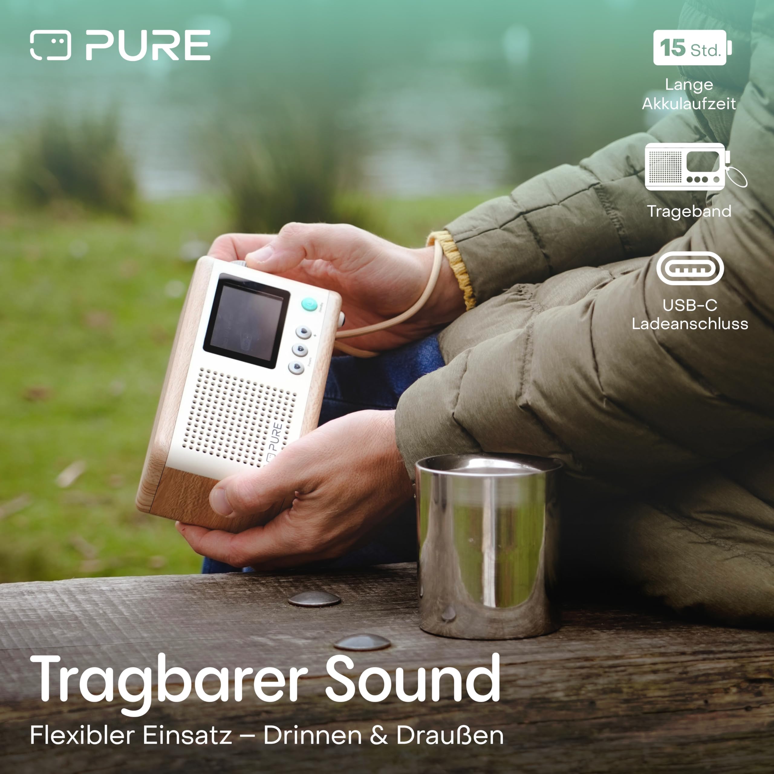 Pure Classic Mini tragbares Digitalradio mit DAB+ & UKW, Bluetooth 5.3, 15h Akku, 5W Lautsprecher, 2.4'' Farbdisplay und USB‑C – kompakter Lautsprecher für Zuhause & unterwegs Baumwoll Weiß/Eiche