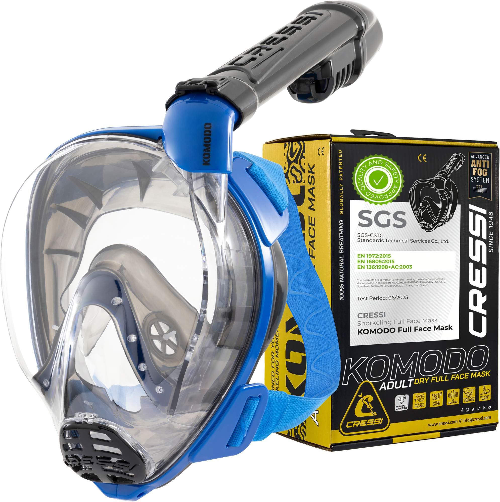 Cressi Since 1946 - Komodo Full Face Dry Snorkelling Mask 180 Vision - Co2 Safe - 100% Anti Fog Silicone - Side Snorkel - Adjustable Elastic Straps