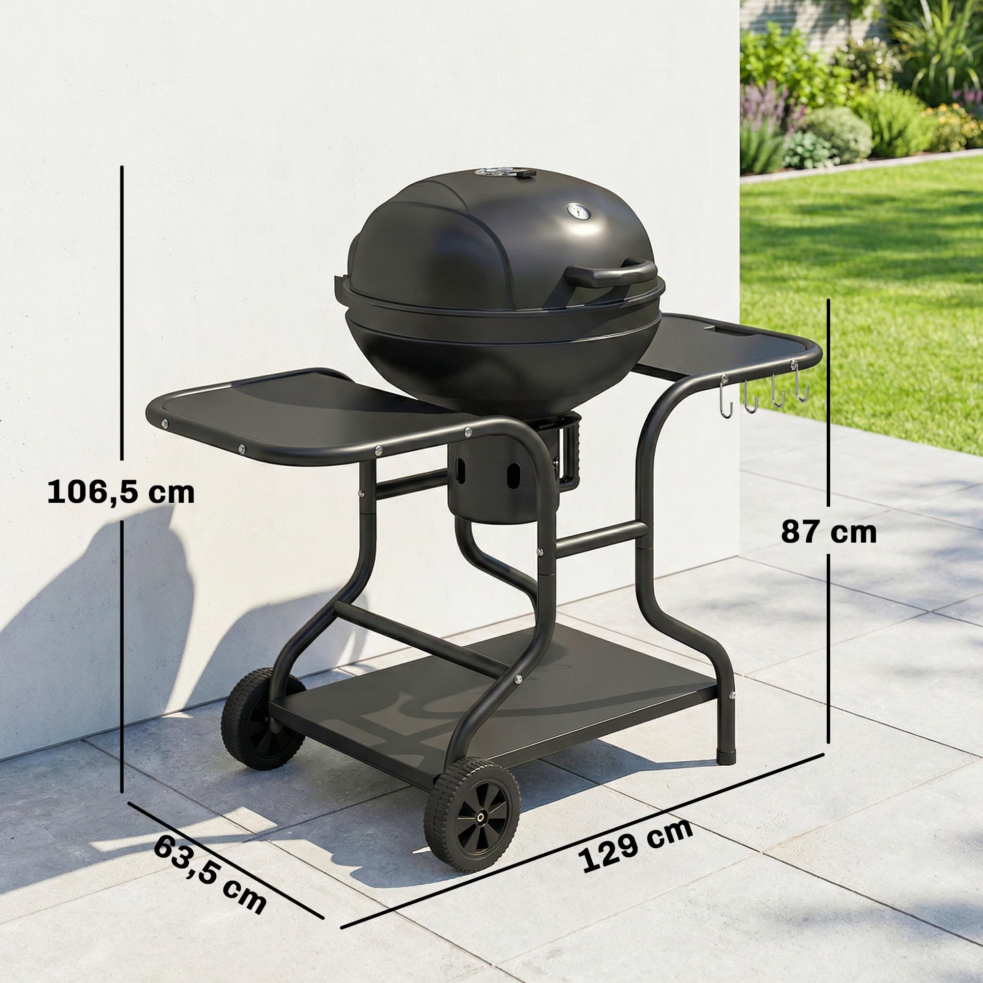 Outsunny Barbecue à charbon Rond avec couvercle Thermomètre Roues Noir | Barbecue Rond Extérieur, Tables Latérales, Étagère Inférieure, Jardin, Terrasse, Charbon De Bois