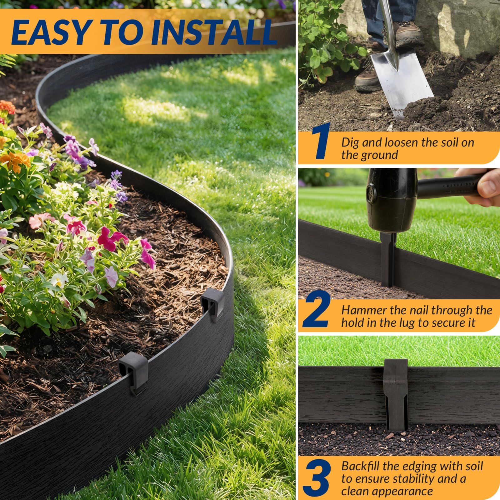 Velway Bordure de Jardin en Plastique Flexible 20 mètres, Hauteur 13cm - avec 40 Piquets d'ancrage – Délimitation Pelouse, Allée, Parterre – Bordurette Extérieure Facile à Installer
