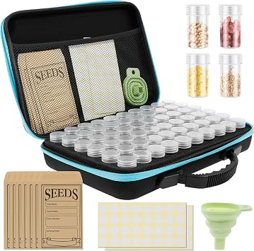60 Slots Seed Storage Organizer Box with 7 Envelopes, 63 x Label Stickers Garden Seed Organizer with Zipper Bag Storage Container for Vegetable Flower Plants Garden Blue