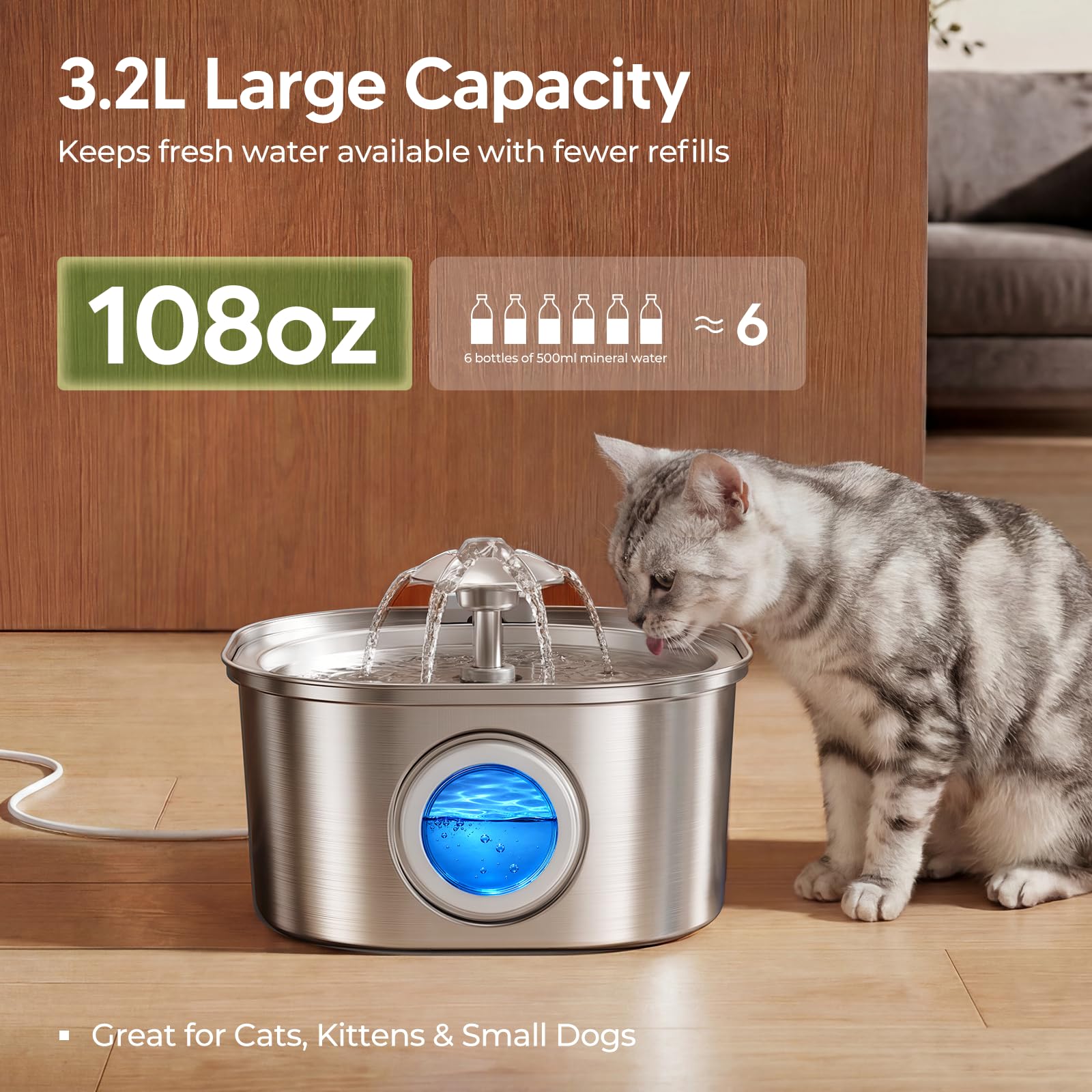 PEKTACO Fuente de acero inoxidable para gatos y perros pequeños, 3,2 L