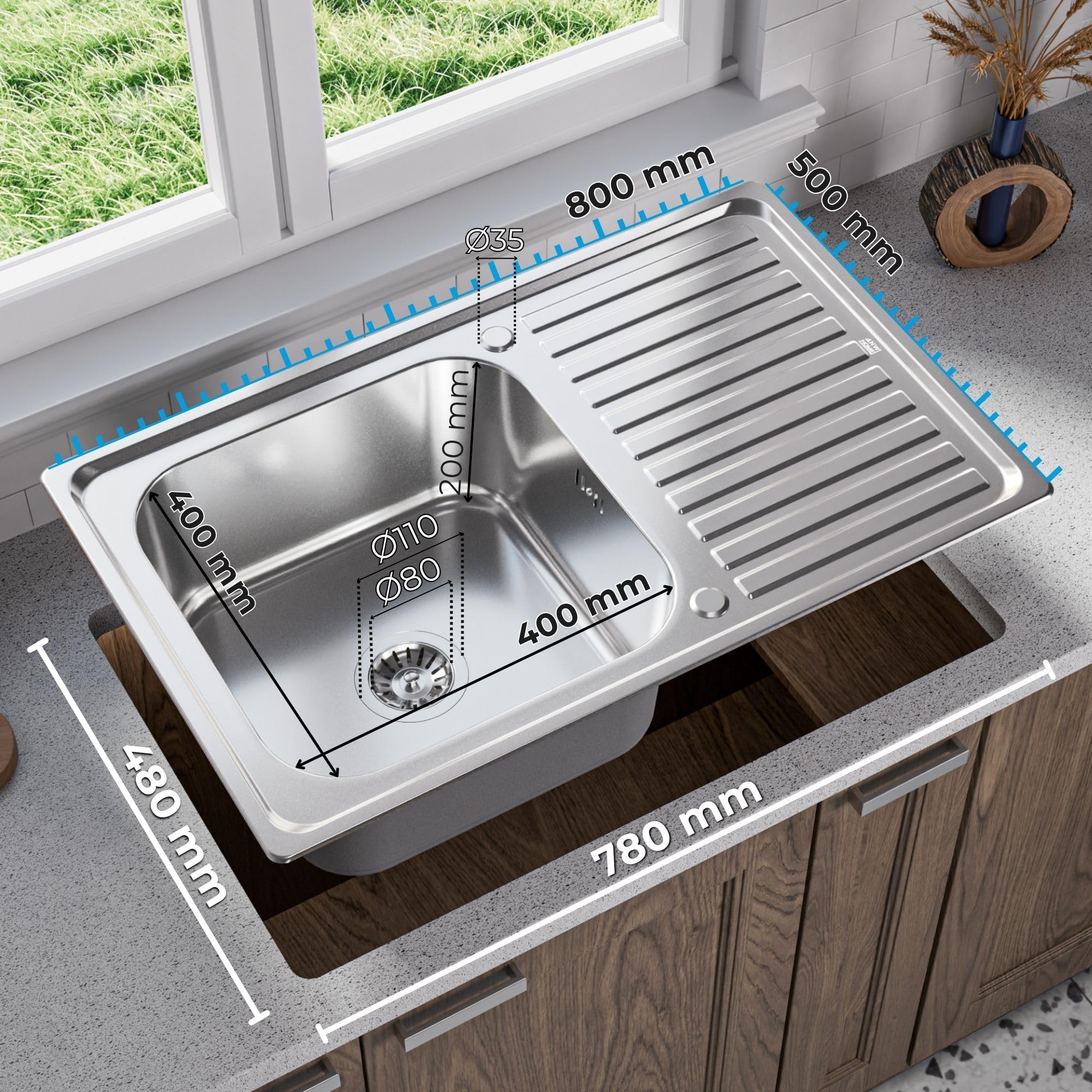 ANW HOME Lavello Cucina 1 Vasca 80x50 cm, Acciaio Inox | Incasso, Finitura Satinata, Spessore 1 mm, Con Sifone