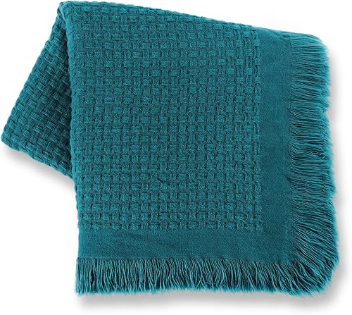 Miniatura 1 de CozeCube Manta bohemia para sofá, manta de otoño, manta de gofre, manta ligera de granja con flecos, verde azulado, 50 x 60 pulgadas