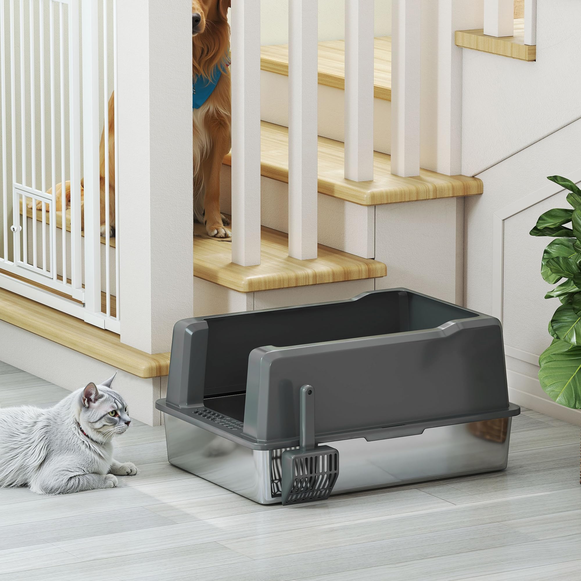PawHut - Bandeja para Gatos (85 L, Gran Capacidad, 71 x 50,8 x 35,5 cm), Color Gris | Acero inoxidable, casa de aseo para gatos, pala, patines antideslizantes, fácil de limpiar
