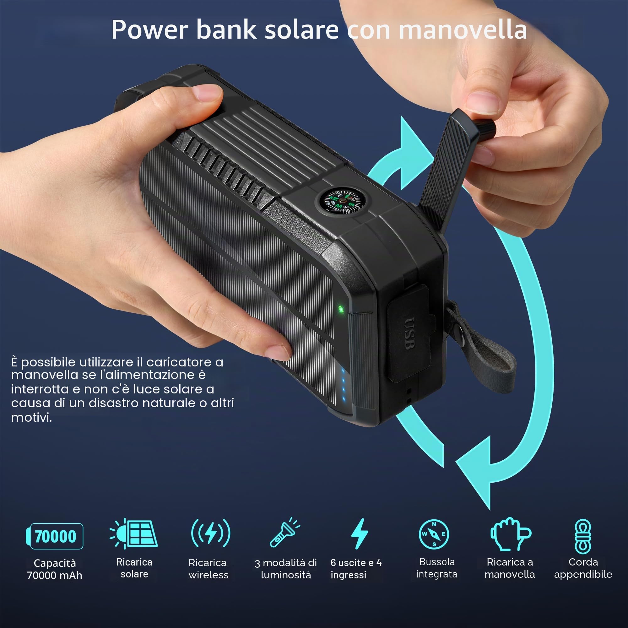 70000mAh Power Bank Solare: PD 30W USB C Power Bank Ricarica Rapida con 2 Câbles, 4 Port, 15W Ricarica Wireless, Spie luminose a LED, Torcia, Caricatore Portatile con Smartphones