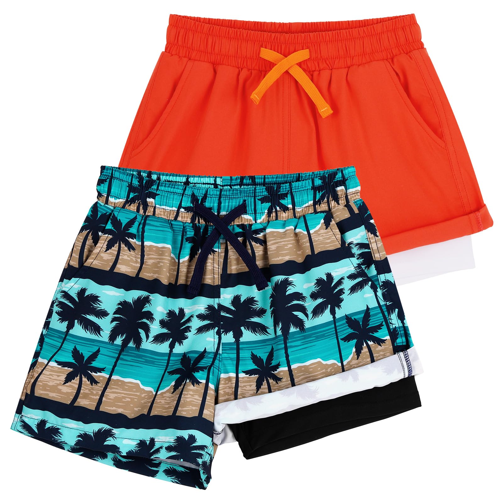 LACOFIA 2 Piezas Bañador Niños 2 en 1 Pantalones Cortos Playa/Piscina con Forro de Compresión Ropa de Baño para Niño Short de Natación con Cintura Elástica para 2 a 14 años